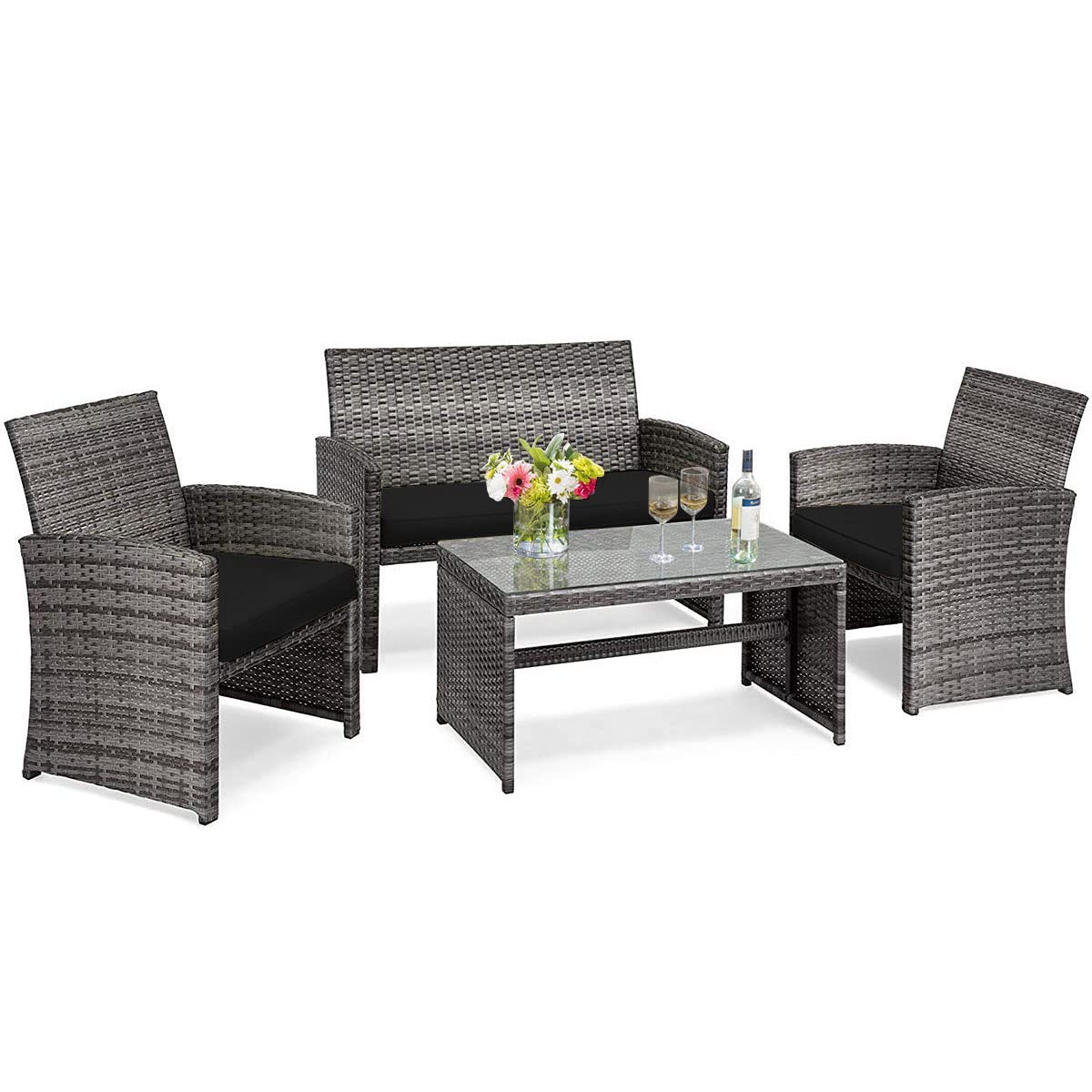 Tangkula 4-Piece Wicker Patio Conversation Set - Outdoor Rattan Sofa Set with Coffee Table, Cushioned Seating & Tempered Glass Top - Perfect for Poolside, Balcony, Garden or Backyard Relaxation