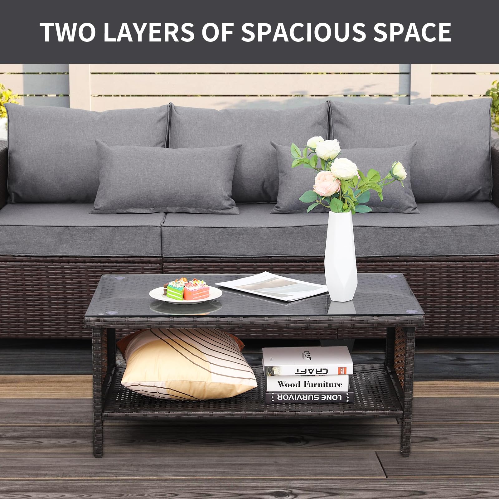 Outdoor PE Wicker Coffee Table with Glass Top - Rattan Patio Garden Side Table for Living Room, Balcony & Backyard - Brown Weather-Resistant Furniture for Tea Time & Relaxation
