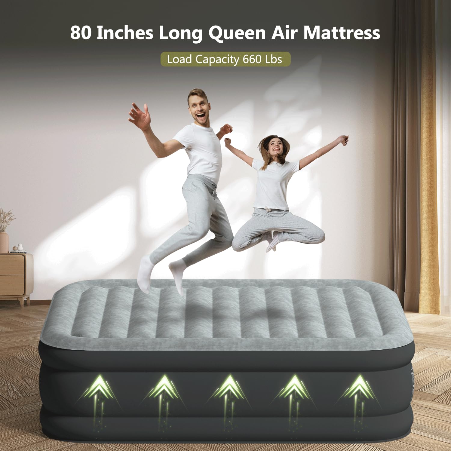20 Inch Queen Air Mattress - Luxury Inflatable Bed with Push Button Start, Auto Stop & Quick 1-3 Minute Inflation/Deflation - Perfect for Camping, Guest Beds & Indoor/Outdoor Use (Grey & Black)
