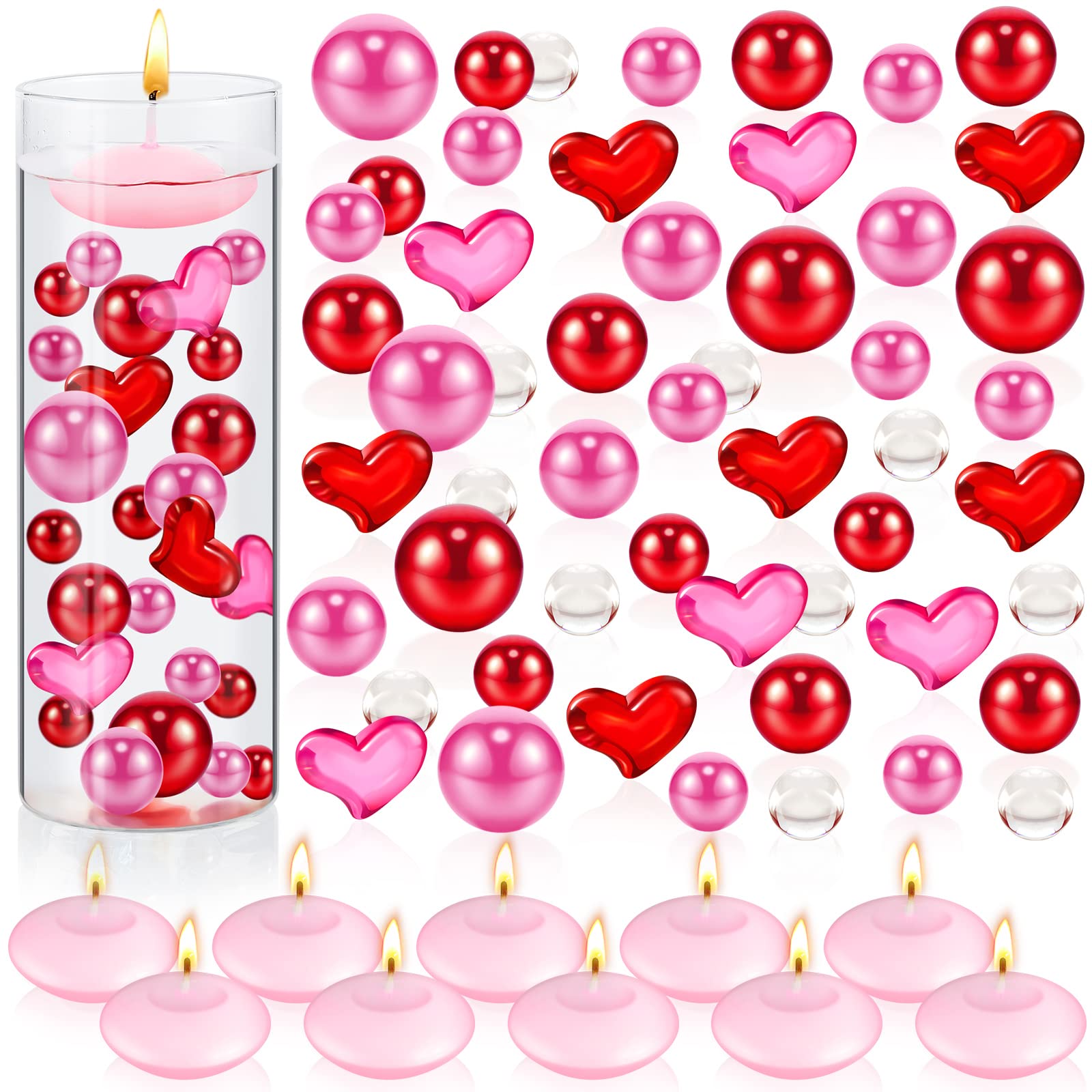 MTLEE 2116 Red Love Pearls Vase Fillers with 10 Floating Candles for Romantic Table Decor