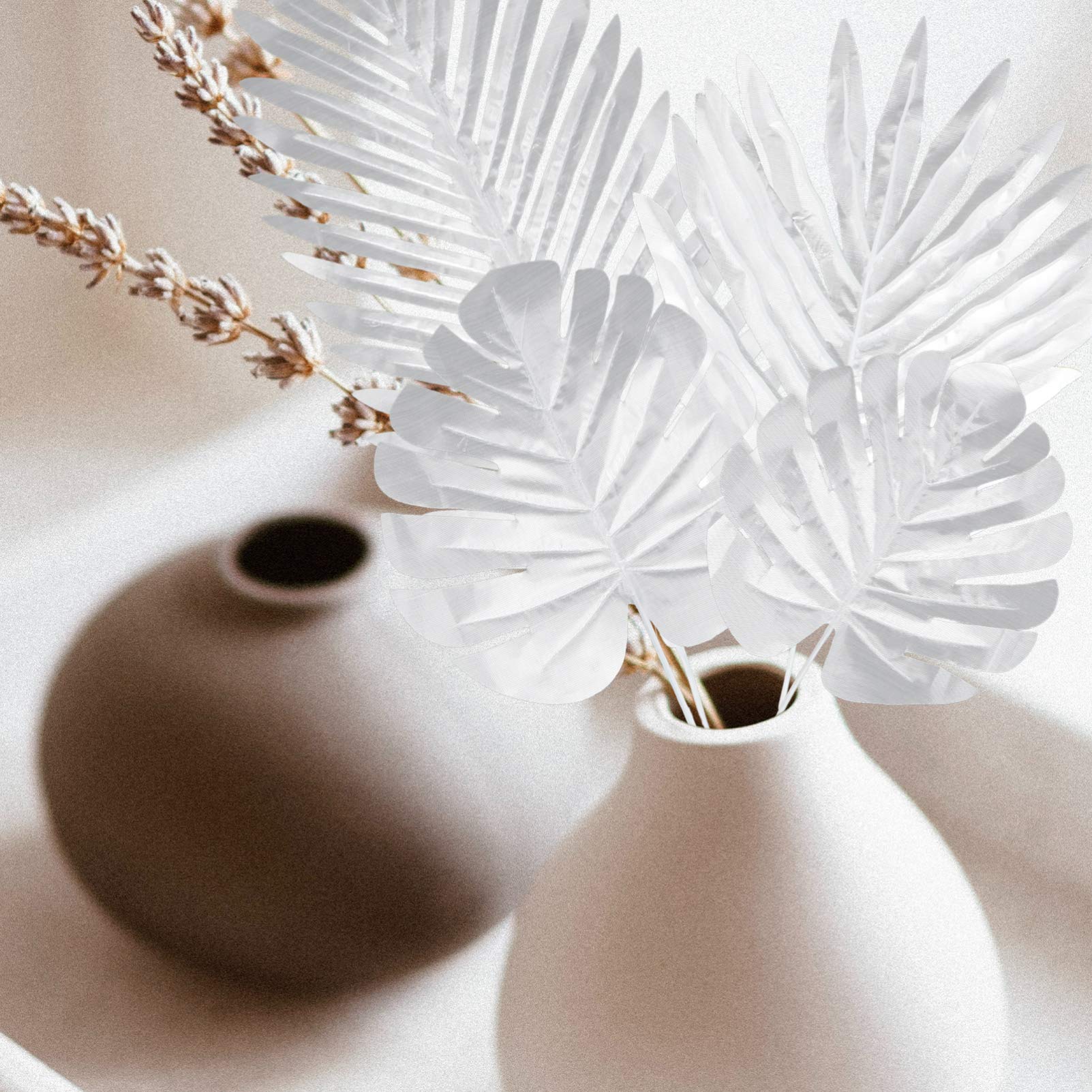 PRETYZOOM 24 Pack Silver Artificial Palm Leaves - Fake Tropical Fronds for Home Decor, Wedding Centerpieces, Party Arrangements & Tropical Theme Decorations - Perfect for Beach Parties, Boho Weddings & Indoor Greenery