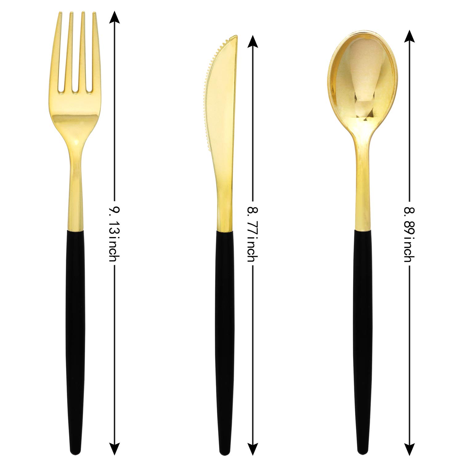Supernal 34-Piece Gold Plastic Silverware Set with Black Handles - Includes 30 Gold-Rimmed Black Dinner Plates & 30 Appetizer Plates - Elegant Disposable Cutlery for Parties, Weddings, Birthdays & Formal Events