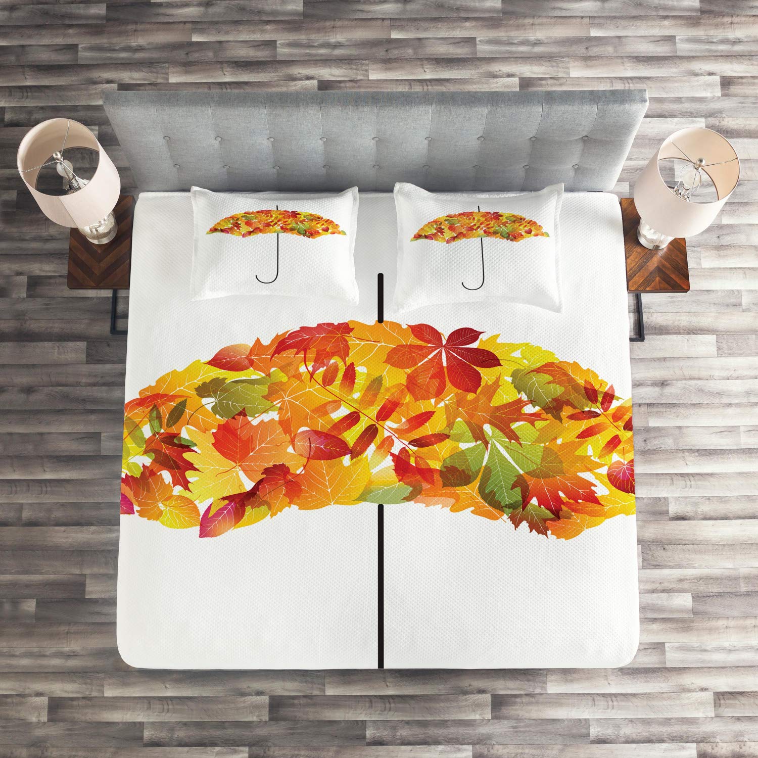 Ambesonne Autumn Quilt Set - King Size 3-Piece Fall Bedspread with Abstract Umbrella & Leaf Print, Includes 2 Decorative Pillow Shams | Cozy Seasonal Bedding for Fall Decor, Guest Room & Master Bedroom