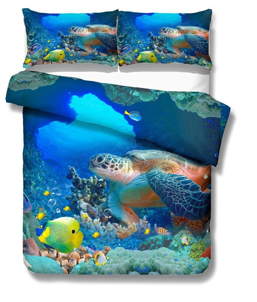 REALIN Marine Animals Duvet Cover Set - Sea Turtles, Penguin, Dolphin, Tropical Fish & Coral Print Bedding for Kids & Adults | 2-4PC Microfiber Quilt Cover with Sheet & Pillow Shams | Twin/Full/Queen/King Size | Perfect for Beach Themed Bedrooms & Ocean Lovers