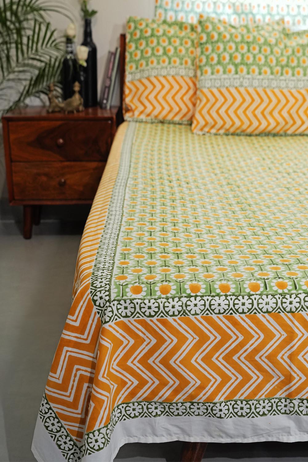 Sunlit Haven Hand Block Printed Cotton Percale Bedsheet Set - 100% Organic Cotton Luxury Bedding for Home & Hotel Use - Perfect for Master Bedroom, Guest Room & Vacation Rental