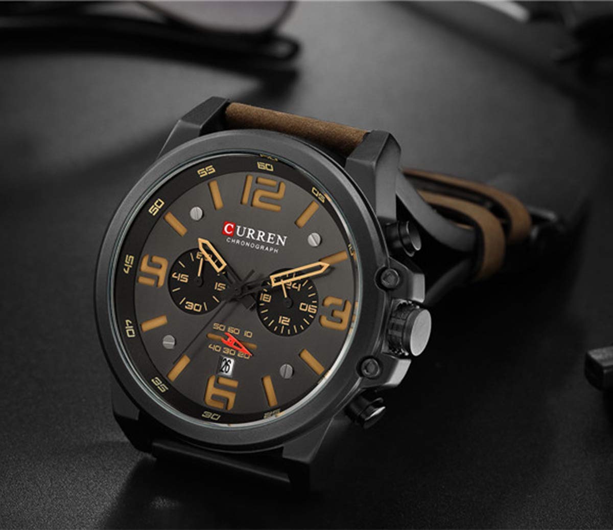 Gosasa Men's Military Chronograph Watch - Brown Leather Strap, Waterproof for Outdoor & Sports
