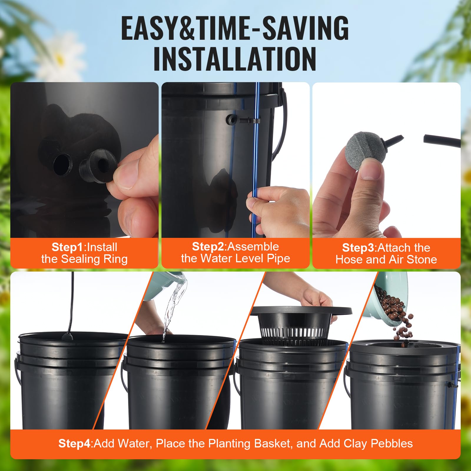 VEVOR 5-Gallon DWC Hydroponic Grow System with Top Drip Kit - 4 Bucket Deep Water Culture Kit Includes Air Pump, Air Stones & Water Level Indicator for Leafy Greens - Perfect for Indoor Herb Garden, Lettuce & Vegetable Hydroponics Farming