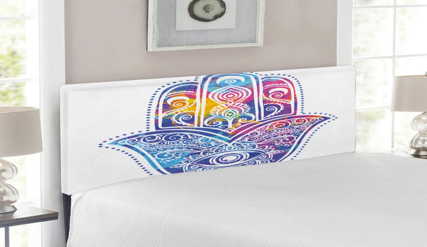 Ambesonne Hamsa Headboard - Vibrant Watercolor Upholstered Metal Bed Frame with Memory Foam, Queen Size in Aqua Pink Purple | Eye Protection Ornamental Design for Bedroom Decor & Spiritual Home Decor