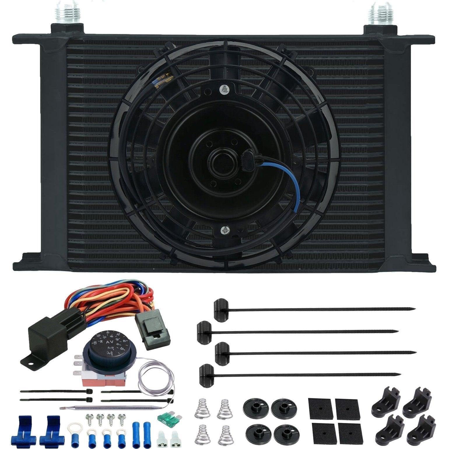 25 Row Transmission Oil Cooler with Electric Fan & Adjustable Thermostat Wiring Kit - Heavy Duty Cooling for Trucks, RVs & Performance Vehicles