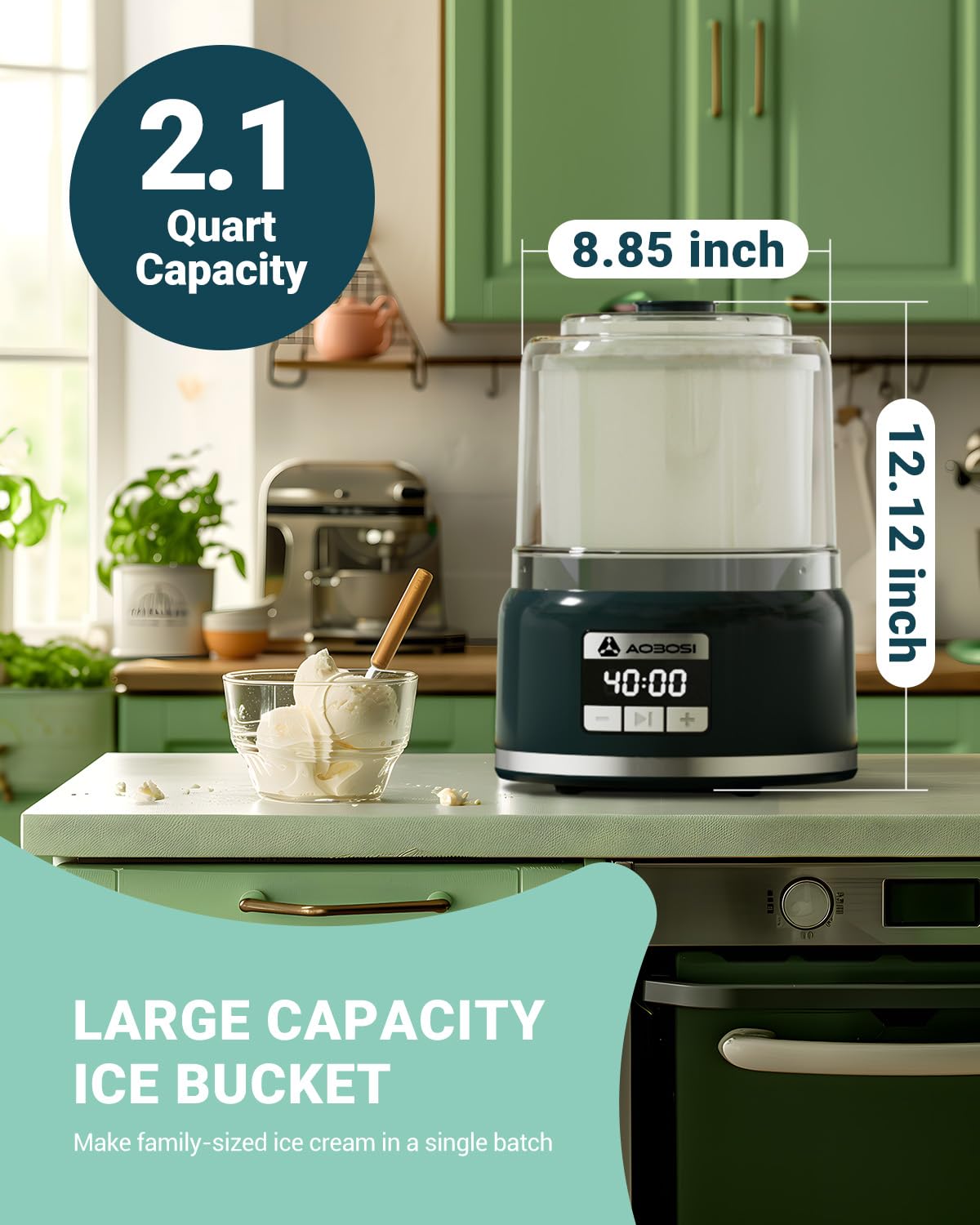 AAOBOSI 2 Quart Automatic Ice Cream Maker Machine - Double Insulated Freezer Bowl for Homemade Gelato, Sorbet & Frozen Yogurt - Soft Serve Ice Cream Maker with Timer - Perfect for Parties, Family Gatherings & Summer Treats