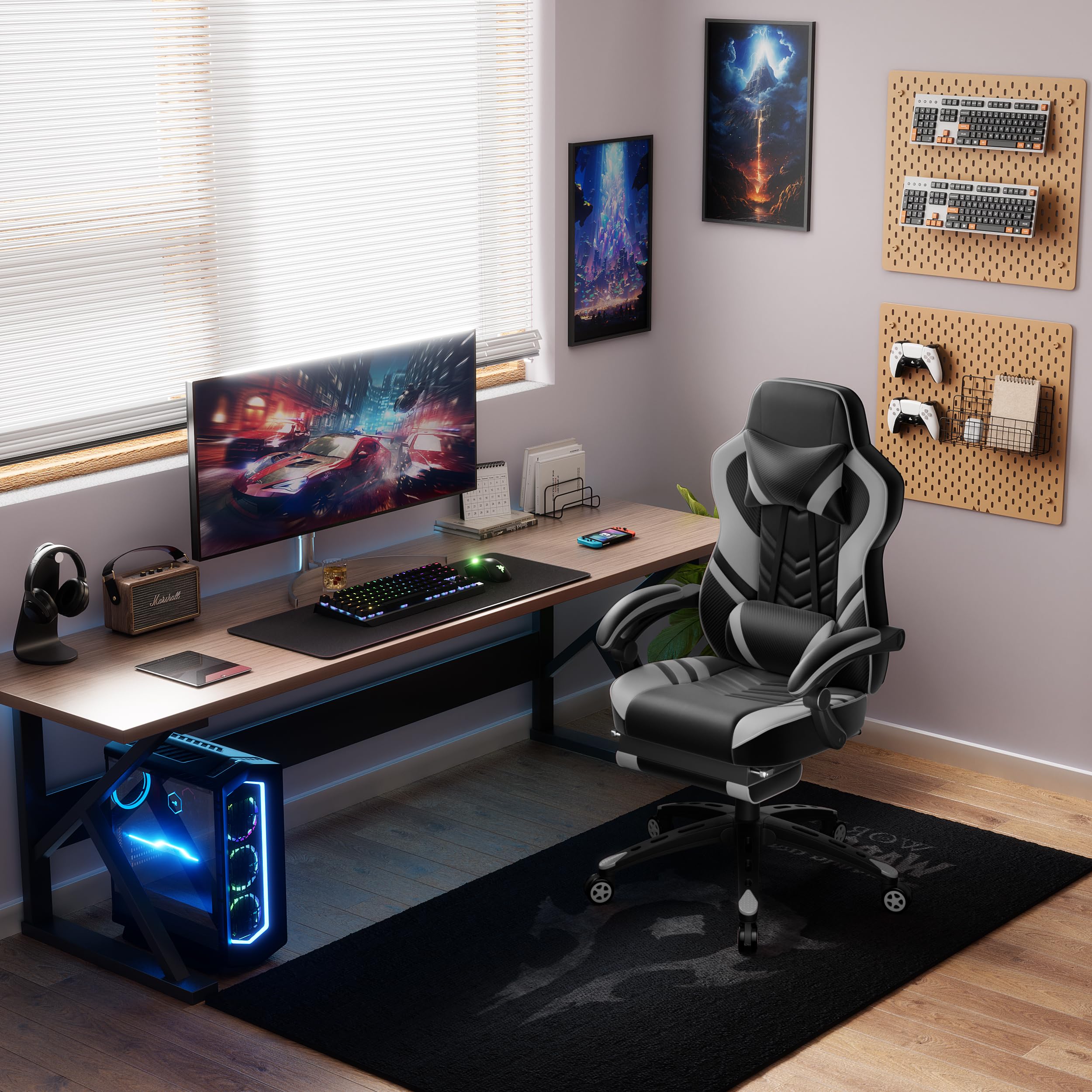 **Powerstone Ergonomic Gaming Chair with Adjustable Lumbar Support & Footrest - PU Leather Racing Style Computer Chair for Office & Home Gaming - Gray**    *(Perfect for Esports, Streaming, Work from Home & Long Gaming Sessions)*