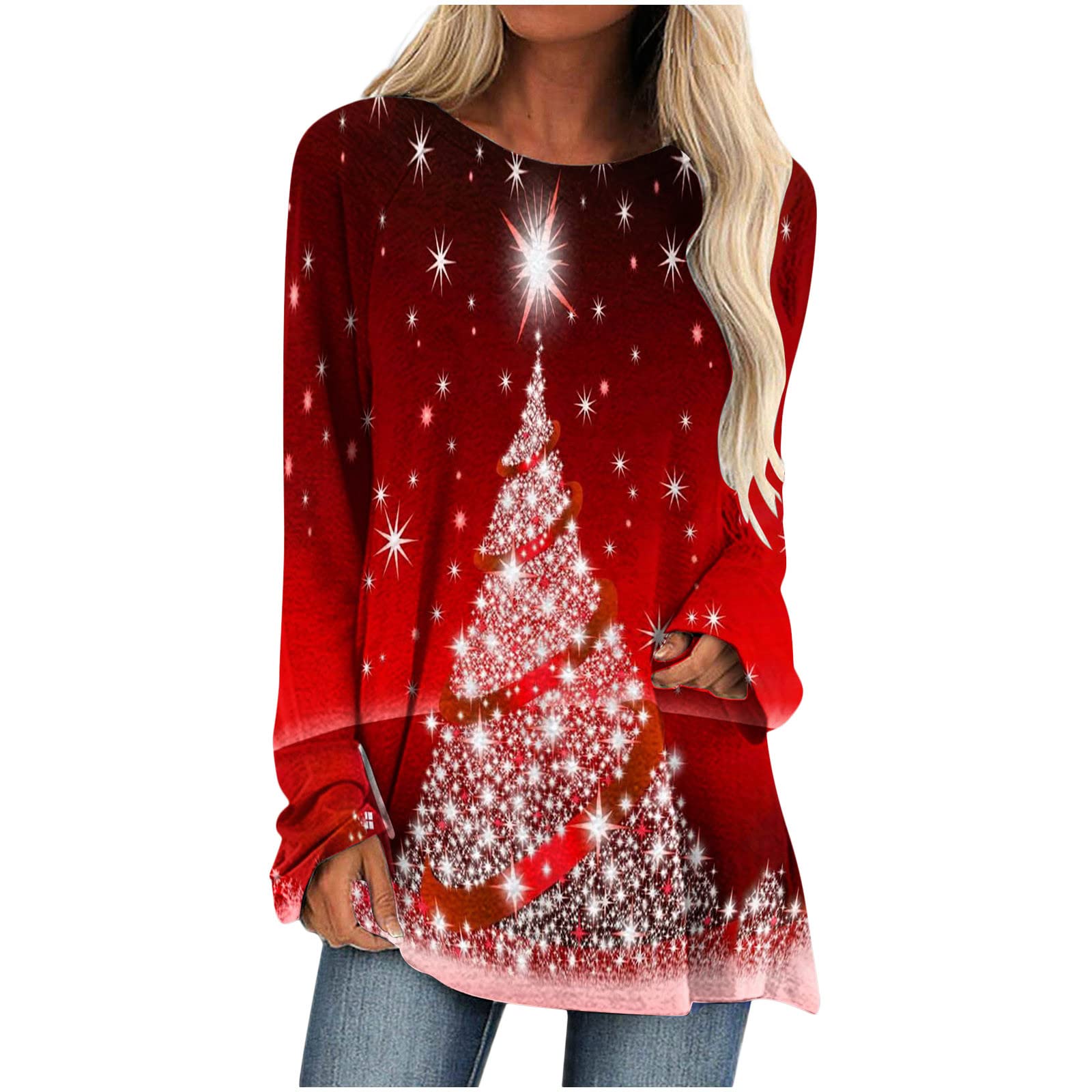 Women's Long Sleeve Christmas T-Shirt - Festive Holiday Tree Print Pullover Blouse for Casual & Dressy Wear | Perfect for Christmas Parties, Family Gatherings & Office Celebrations
