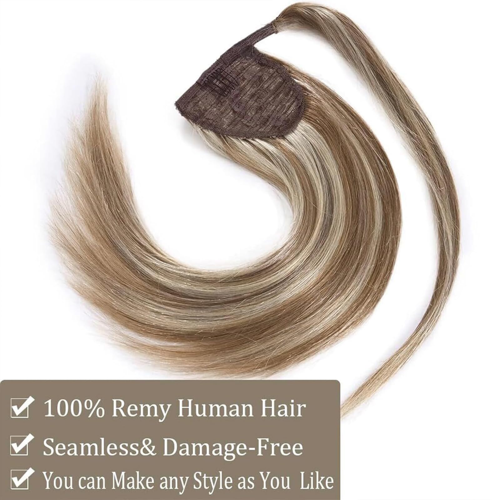 16 Inch Human Hair Clip-in Ponytail Extension - Balayage Golden Brown with Bleach Blonde Highlights (P10/613) | Natural Wrap Around Ponytail Hairpiece for Women | Perfect for Parties, Weddings & Everyday Styling