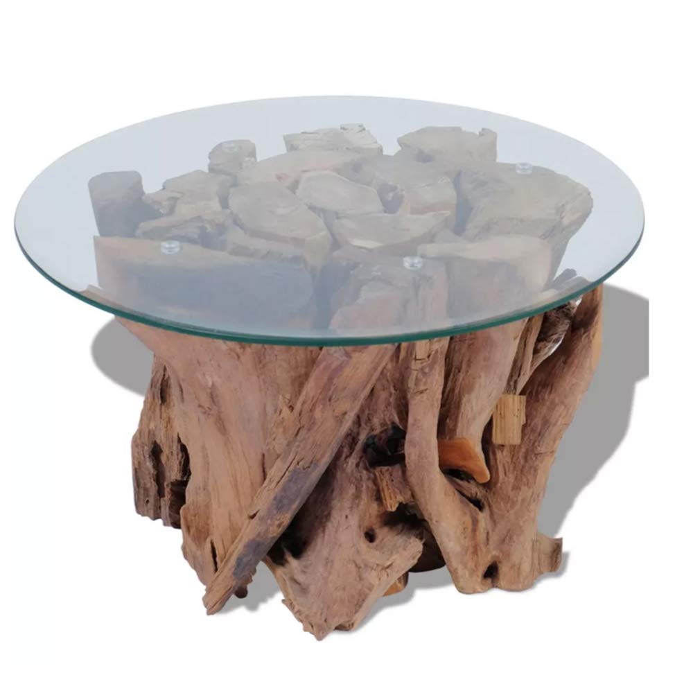 ZAMAX Handmade Rustic Natural Solid Teak Coffee Table with Tempered Glass Top - Outdoor Garden, Patio, Backyard Furniture for Living Room, Deck & Poolside Relaxation