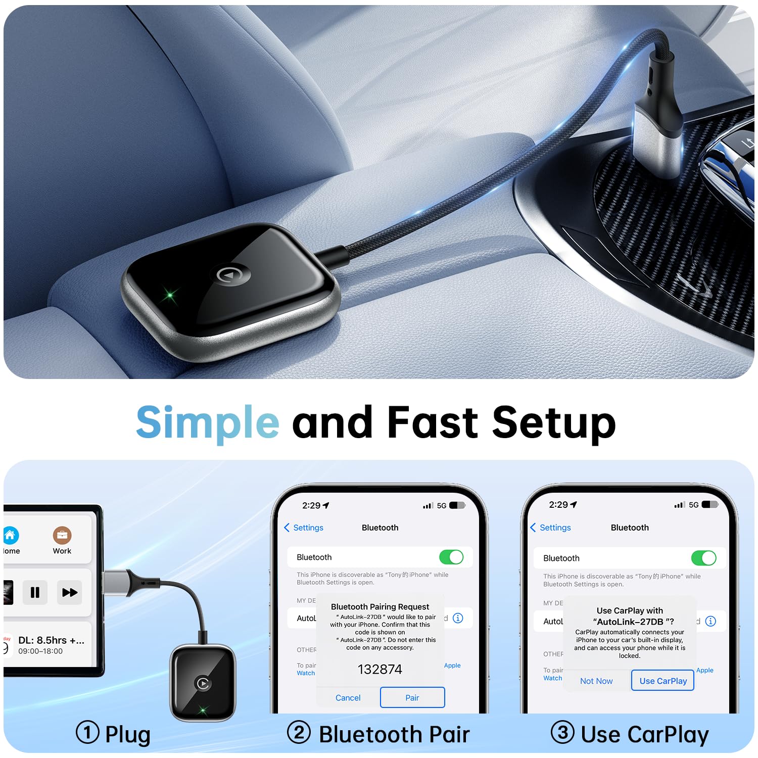 Wireless CarPlay Adapter for iPhone - Upgrade Wired to Wireless Apple CarPlay Dongle, Plug & Play, Fast Connection, Compact Design - Perfect for Commuting, Road Trips & Hands-Free Driving in Cars with Built-in CarPlay