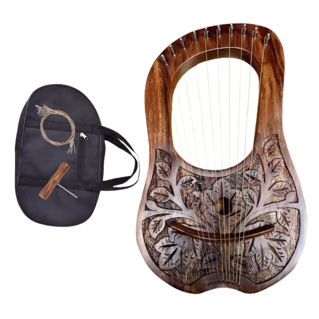 Irish Lyre Harp - 15 String Rosewood Harp with Metal Strings, Natural Leaf Carving | Handmade Celtic Musical Instrument for Beginners, Meditation, Home Decor & Gift