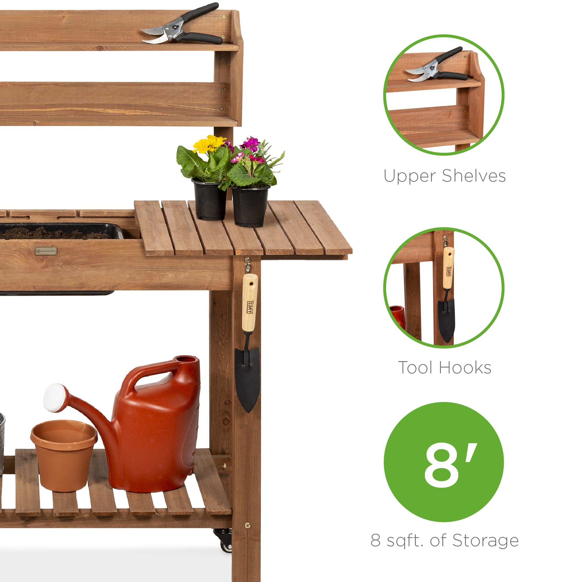 Best Choice Products Mobile Garden Potting Bench - Outdoor Wooden Workstation Table with Sliding Tabletop, 4 Locking Wheels, Food-Grade Dry Sink & Storage Shelves - Brown | Perfect for Gardening, Potting Plants & Outdoor DIY Projects