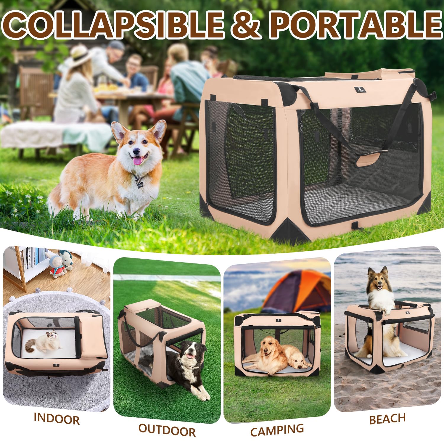 X-ZONE PET 3-Door Collapsible Dog Crate Kennel - Portable Soft-Sided Pet Carrier for Small to Medium Dogs (36-Inch, Rice White) - Ideal for Travel, Camping & Indoor/Outdoor Use