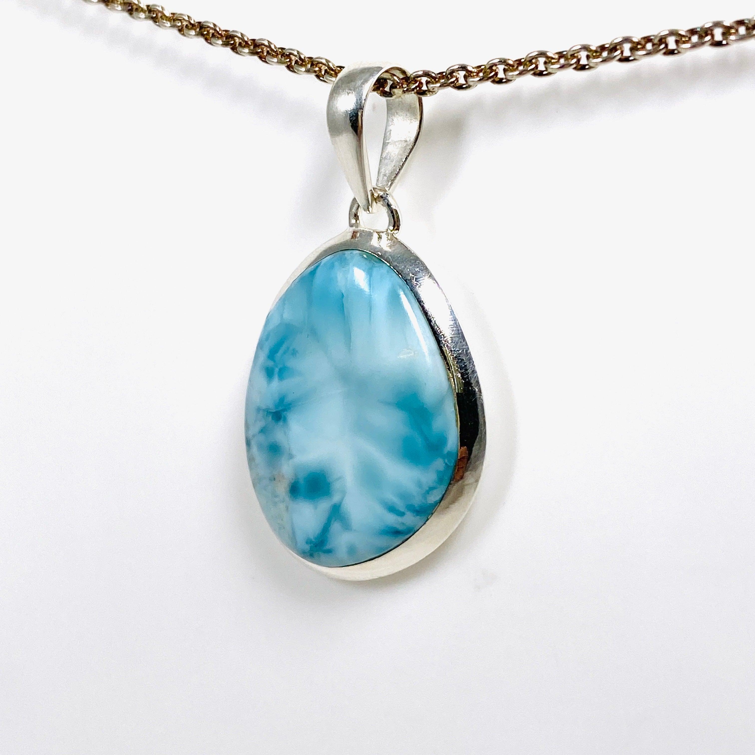 Larimar Oval Pendant Necklace - Genuine Blue Stone Jewelry - KPGJ4168 - Perfect for Beach Vacations & Boho Fashion