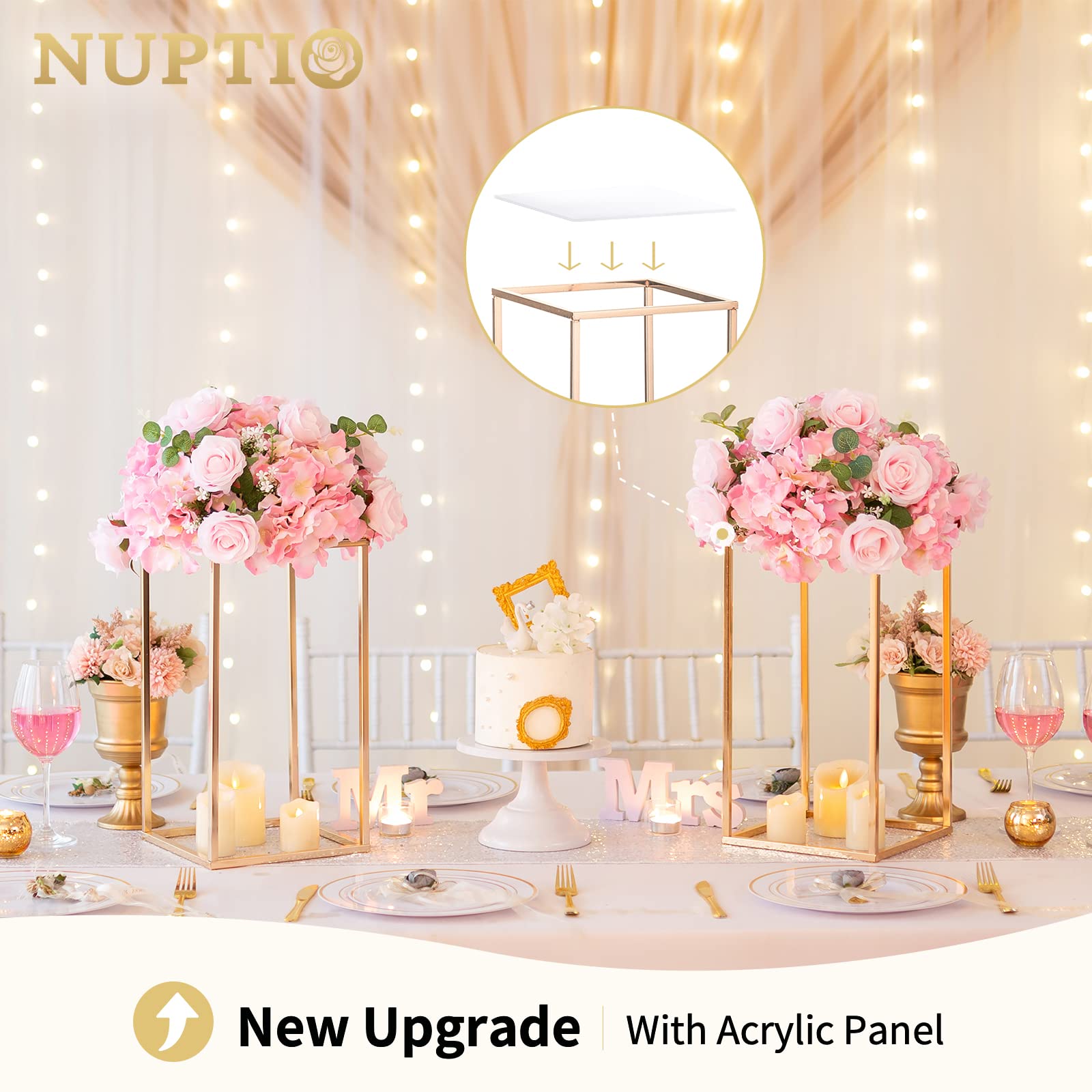 10-Pack Nuptio 15.75 Inch Tall Gold Wedding Vases with Acrylic Panels - Elegant Floral Centerpieces for Wedding Tables, Home Decor, Party & Event Decorations - Perfect for Weddings, Anniversaries, and Special Occasions