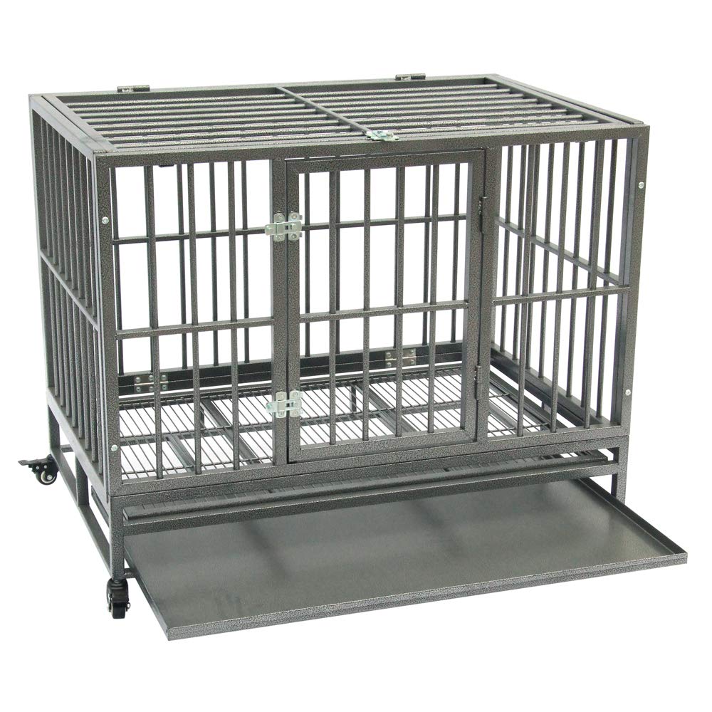42 Inch Heavy Duty Folding Dog Crate with Wheels - Double Door Metal Pet Kennel with Divider Panel & Secure Double Latch - Large Square Tube Animal Cage for Medium to Large Dogs - Perfect for Home, Travel & Training (Gray)