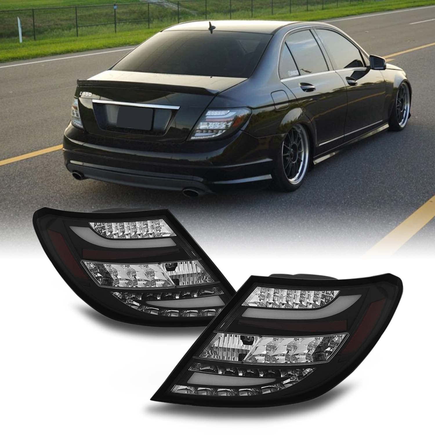 AKKON Rear LED Tail Lights Brake Lamps Replacement Pair for 2008-2010 Mercedes-Benz W203 C-Class 4-Door Sedan - Black Bezel - Enhanced Visibility & Style for Night Driving & Car Customization
