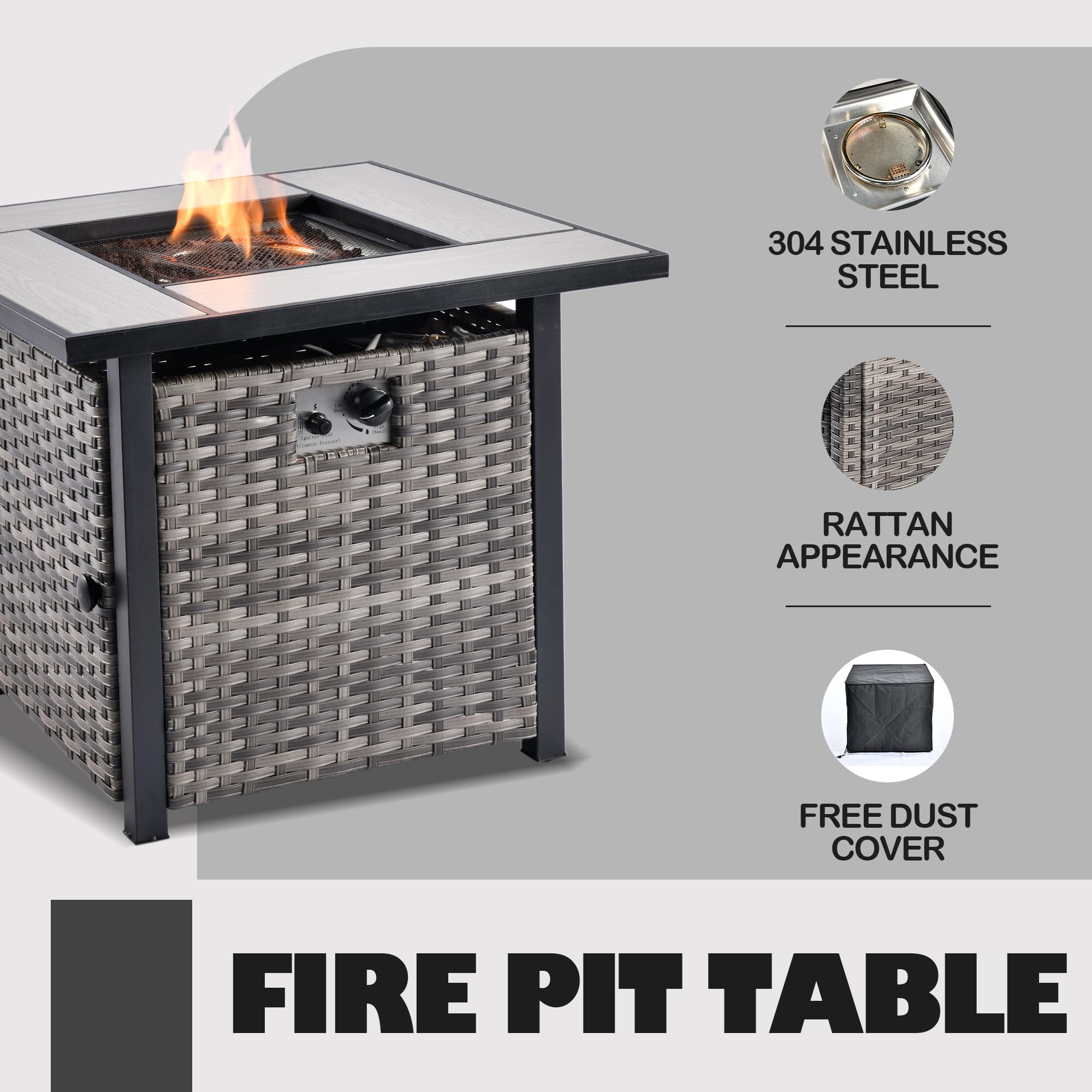 4-Piece PE Rattan Outdoor Patio Furniture Set with Fire Pit Table - Dark Gray Wicker Sofa, Swivel Chairs & Non-Slip Cushions for Garden, Backyard, Poolside Relaxation