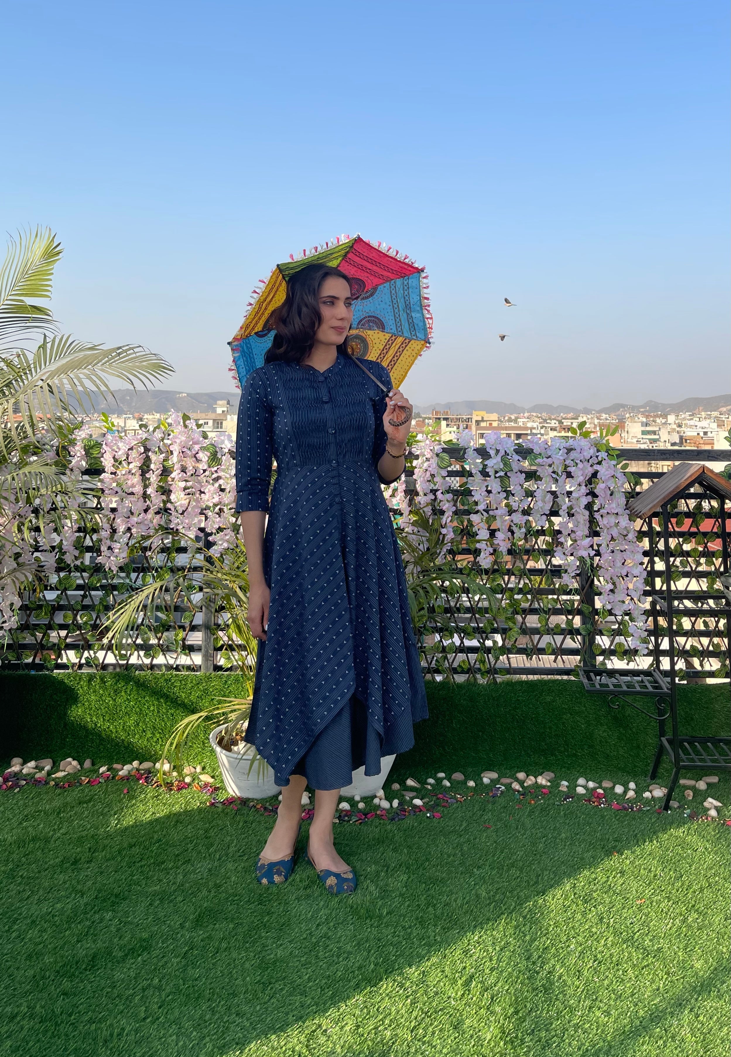 Blue Yoke Pleated Cotton Dress for Women - Summer Casual & Office Wear - Comfortable & Stylish Midi Dress