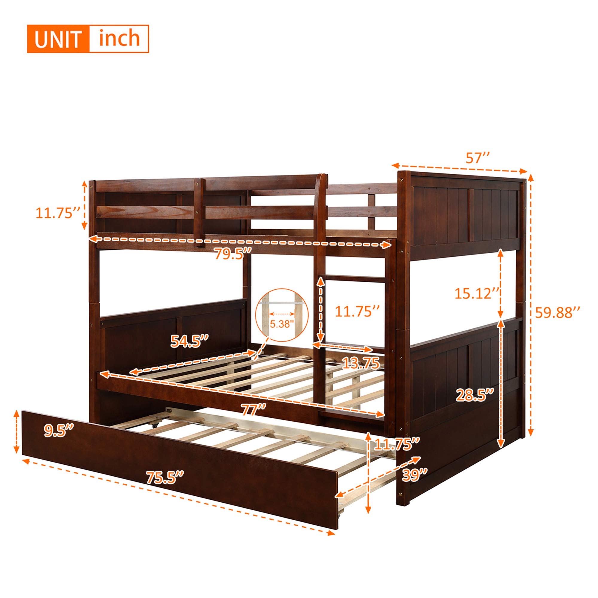 Full Over Full Bunk Bed with Trundle - Solid Wood Twin Bunk Bed Frame for Kids, Teens & Adults - Convertible to 2 Separate Beds with Guardrails & Ladder - Walnut Finish - Ideal for Small Bedrooms, Guest Rooms & Vacation Homes