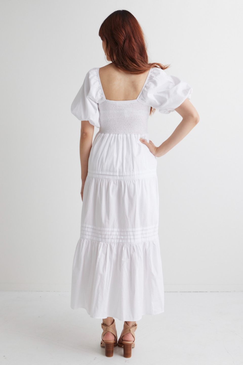 Elegant White Square Neck Bubble Sleeve Pleated Tiered Midi Dress for Women | Summer Wedding Guest Dress, Garden Party Outfit & Casual Date Night Attire