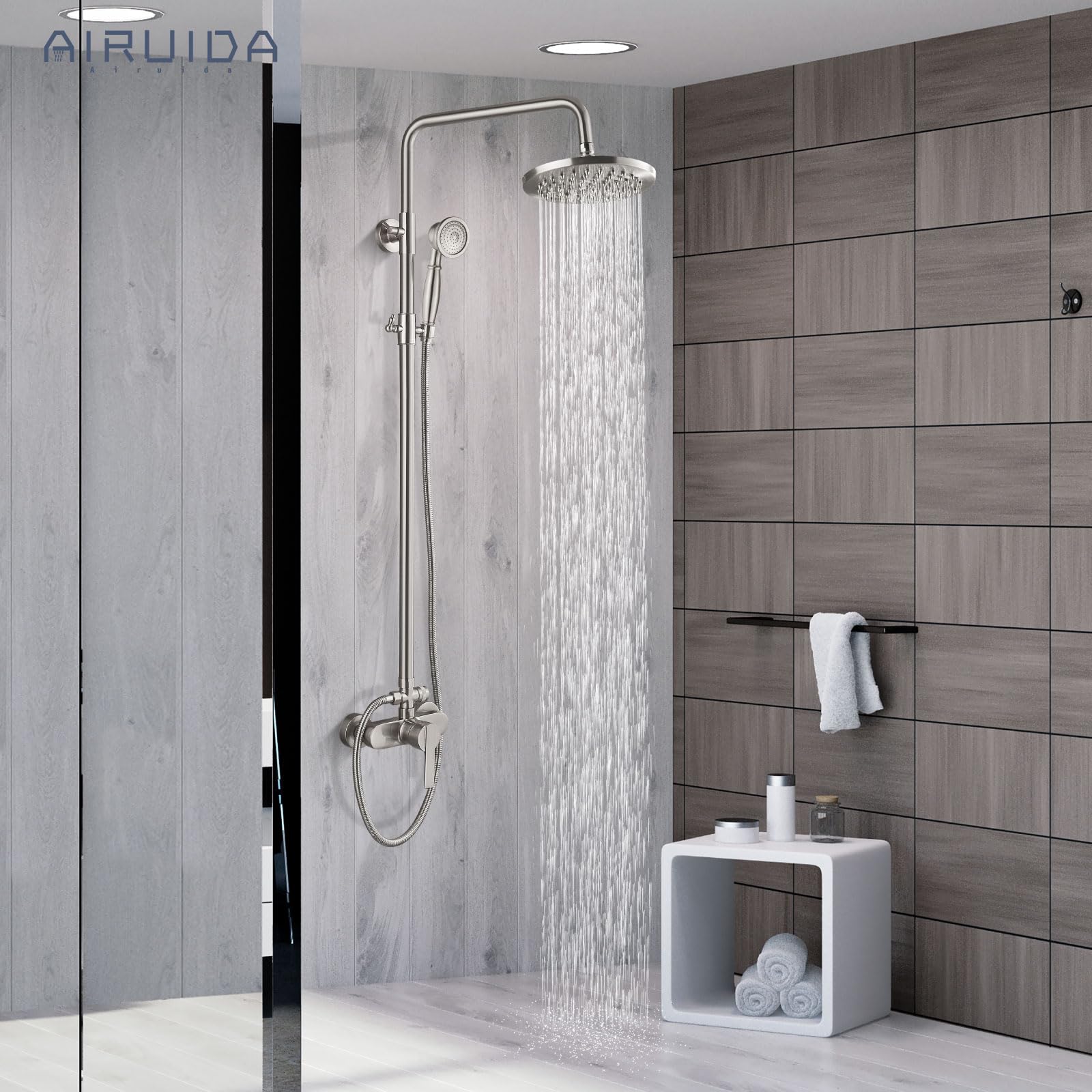 Airuida 8 Inch Brushed Nickel Rain Shower Head with Exposed Pipe System - Modern Adjustable Single Handle Shower Faucet Combo with Dual Functions - Perfect for Bathroom Renovation & Spa-Like Shower Experience