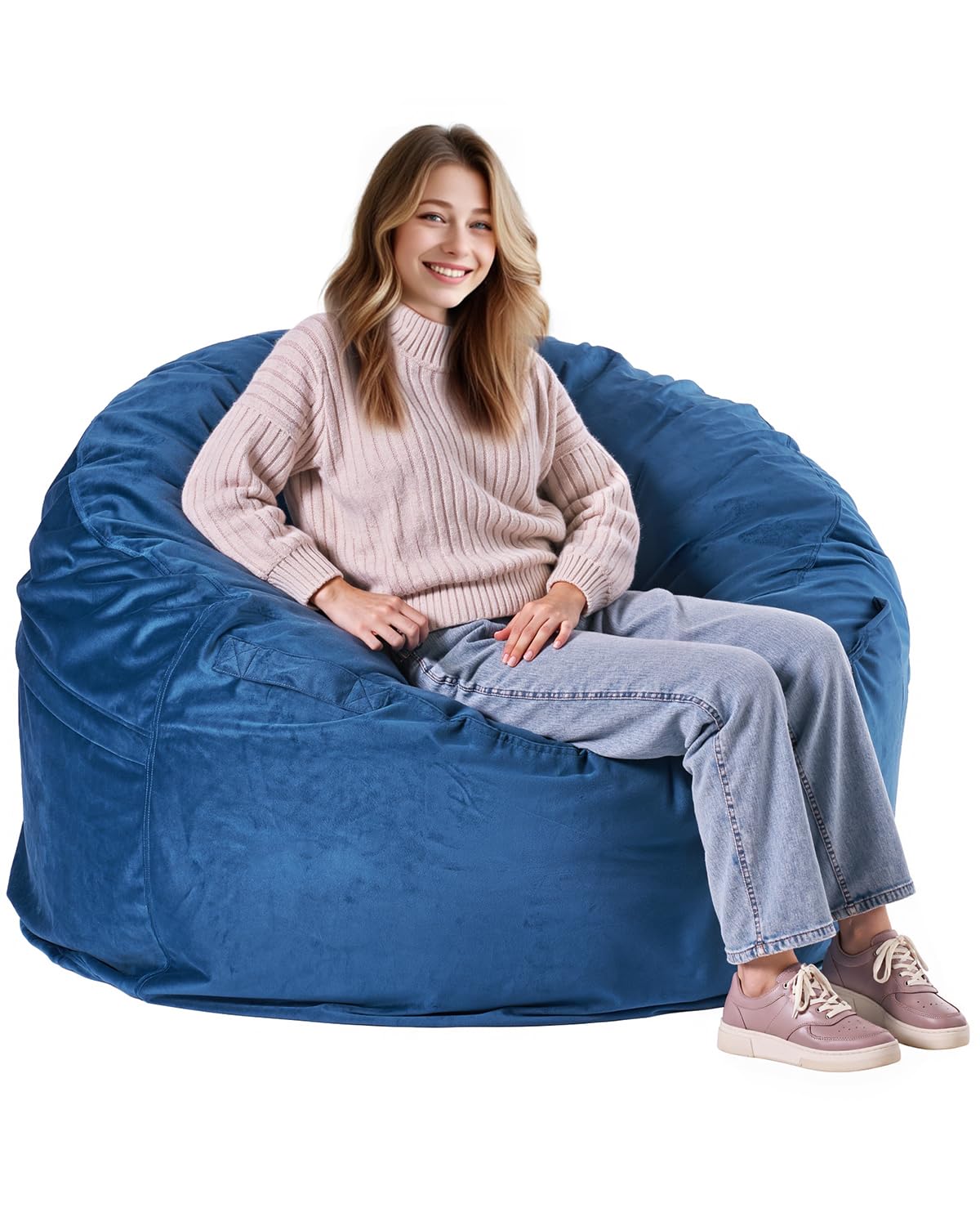 VEVOR Round Bean Bag Chair for Adults - Removable Washable Cover, Dutch Velvet Fabric & High-Density Foam Filling with Handle and Side Pocket - Perfect for Living Room, Bedroom, Office or Dorm - Blue (Home Decor & Comfort Seating)