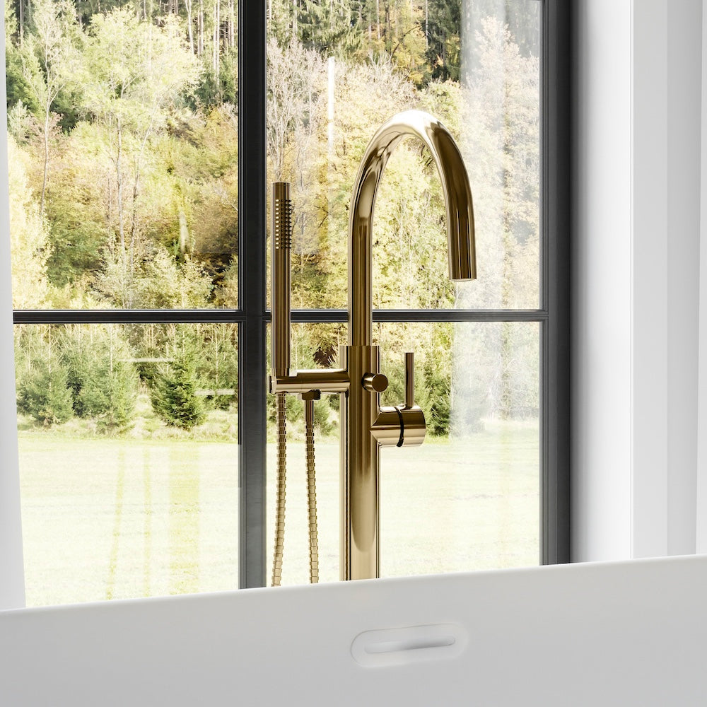 ZLINE Emerald Bay Bathtub Filler with Hand Shower - Polished Gold Faucet for Bathroom | Luxury Freestanding Tub Spout with Adjustable Spray (EMBY BTF PG) | Perfect for Master Bathrooms & Spa Retreats