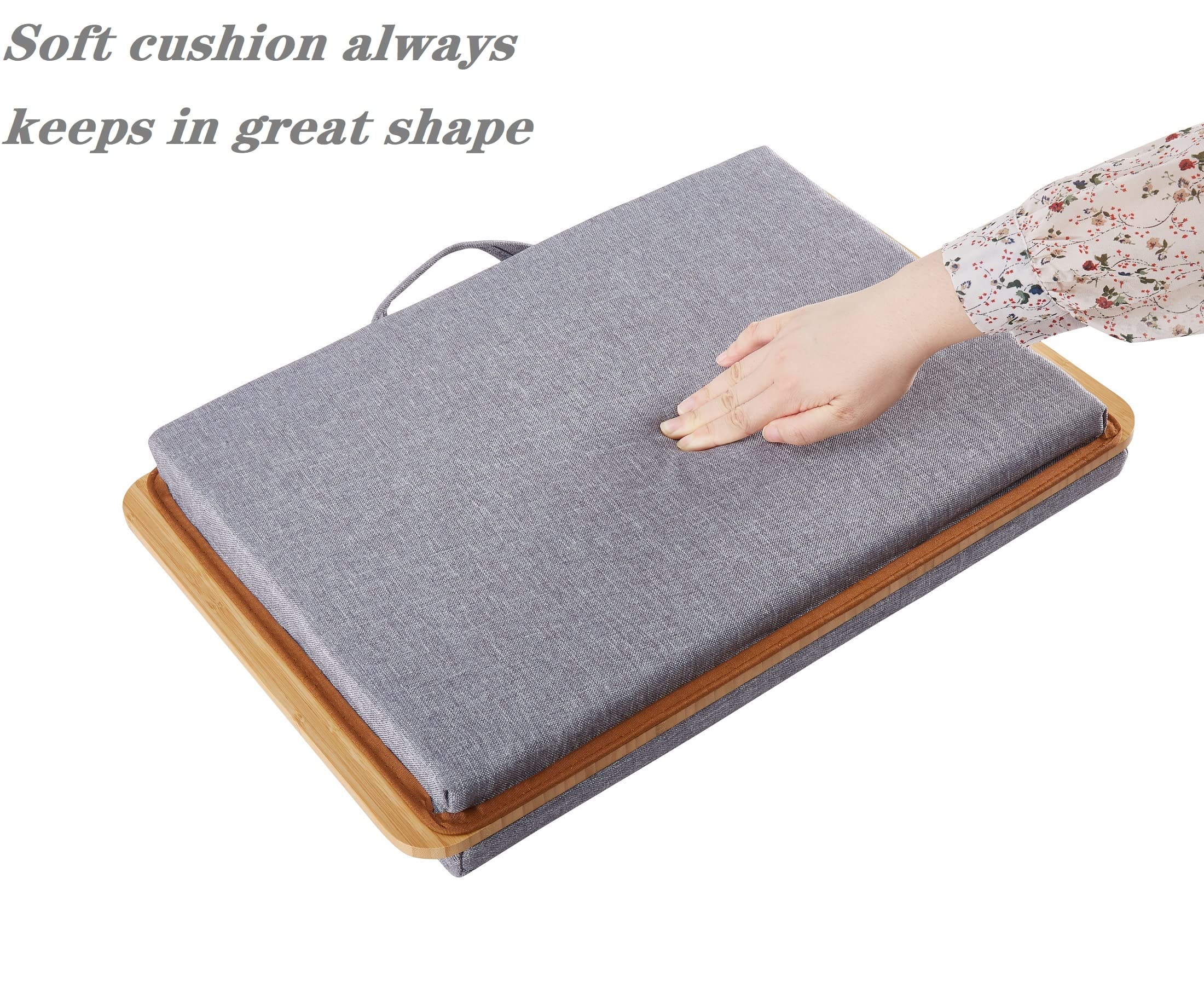 Adjustable Bamboo Laptop Lap Desk with Cushion & Wrist Pad - Portable Bed Tray Stand for Laptop, Notebook, Tablet - Features Clip & Media Slots (Natural Bamboo/Grey) - Perfect for Working in Bed, Couch, or Traveling