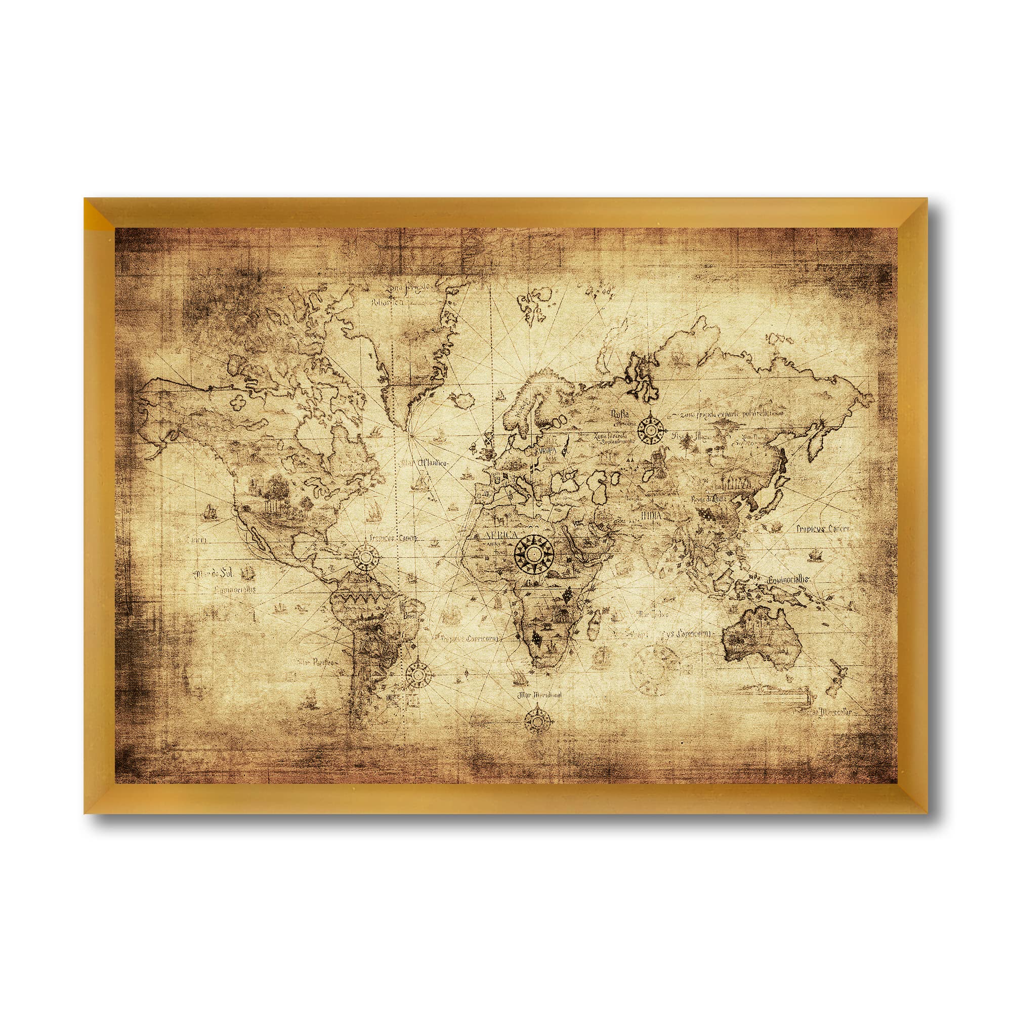 Vintage Framed World Map Wall Art - Ancient Map of The World IV by DesignQ - Perfect for Home Office, Living Room Decor & Gifts for History Lovers