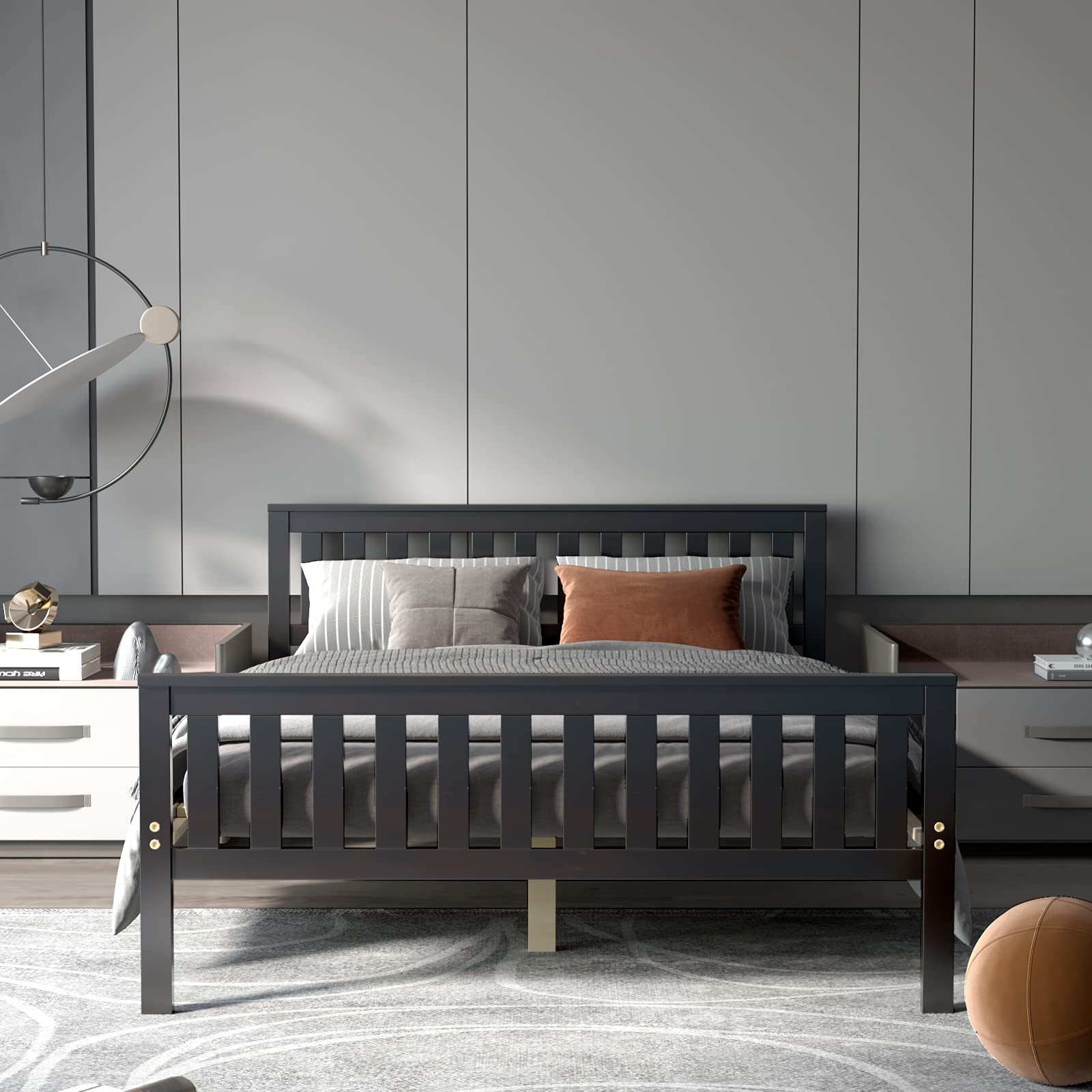 **KOMFOTT Solid Wood Full Size Bed Frame with Headboard & Footboard - 8-Slat Platform Mattress Foundation, 12