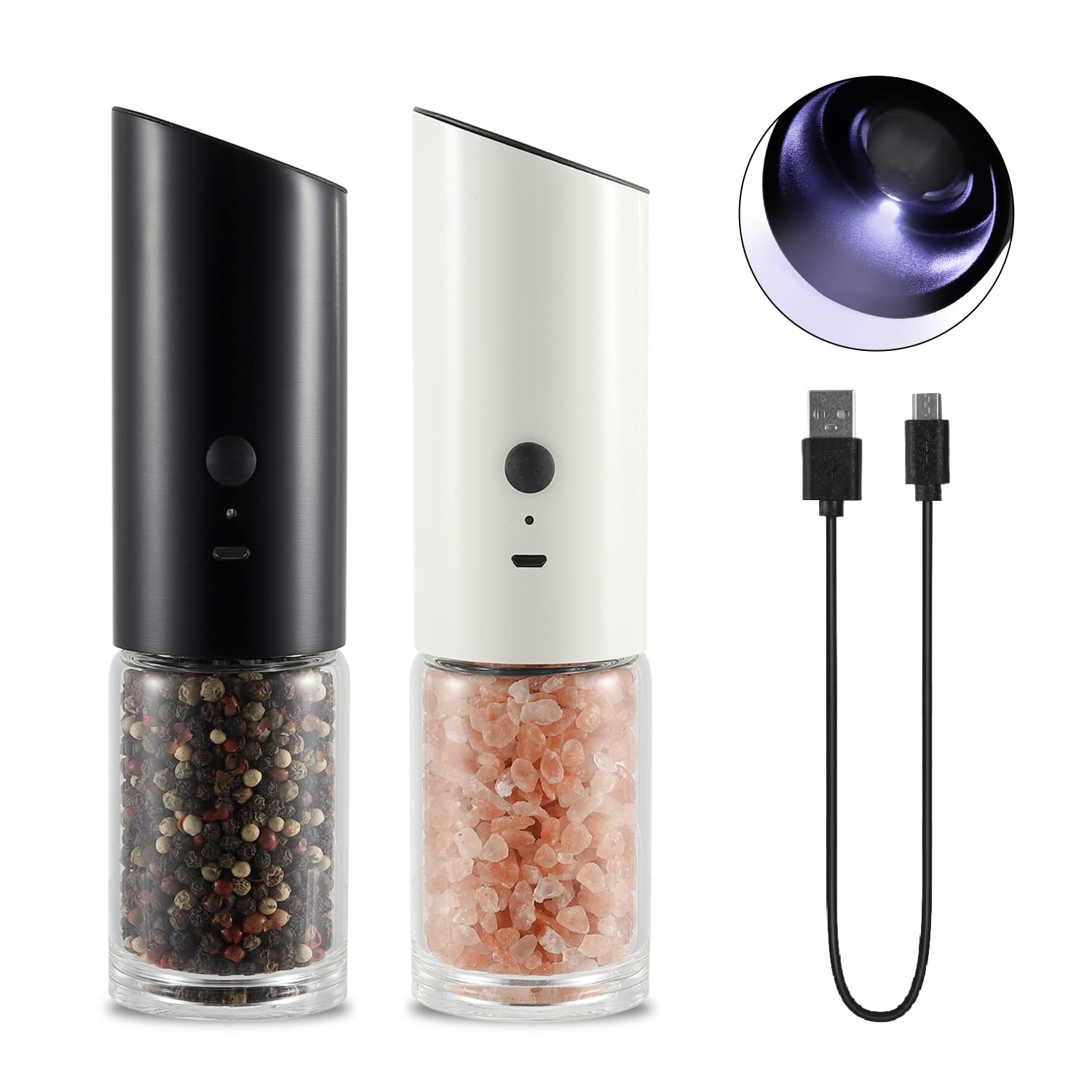 VEVOK CHEF Rechargeable Electric Salt and Pepper Grinder Set - Black & White Ceramic Spice Mill with LED Light, USB Charging & Gravity Auto Operation - Perfect for Kitchen, Camping, Travel & Gourmet Cooking Gifts