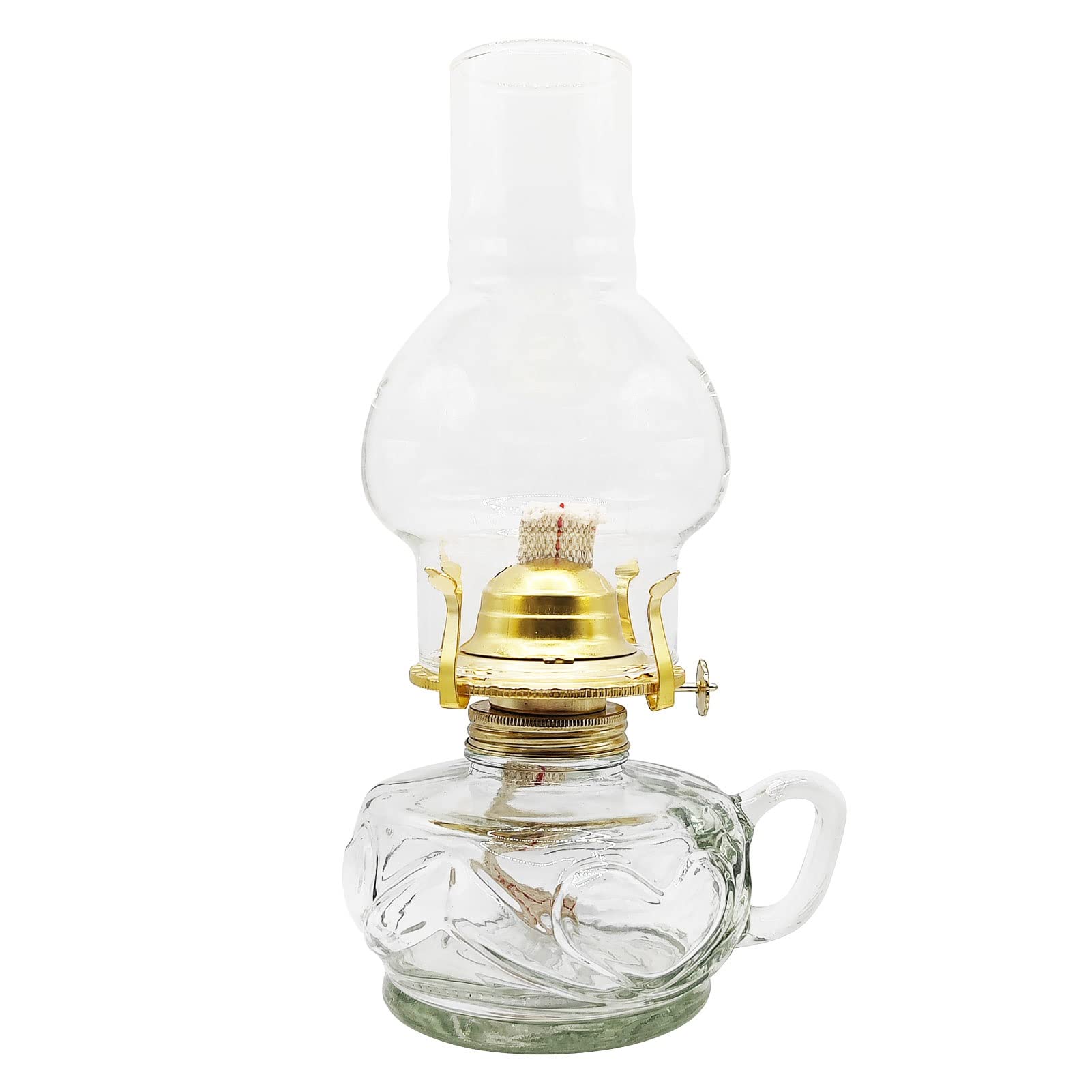 Vintage Clear Glass Oil Lamp - 10 Inch Emergency Kerosene Lantern with Handle & Glass Chimney - Includes 10 (17cm) Wicks - Perfect for Indoor Use, Power Outages, Camping & Decorative Lighting