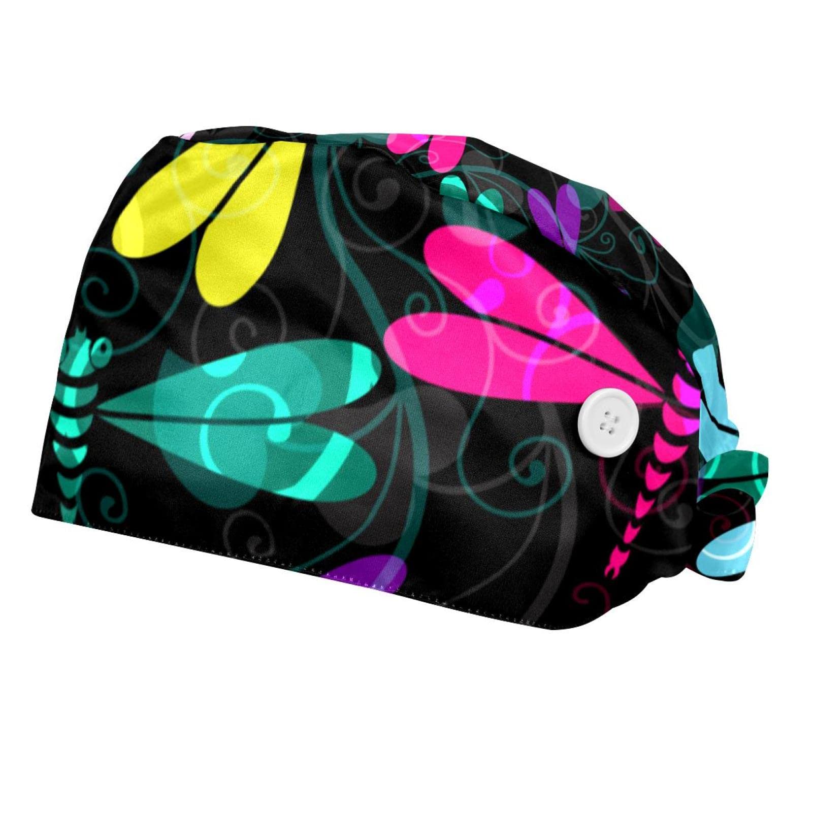 Dragonfly Print Adjustable Elastic Tie Back Hat with Button & Sweatband - Unisex Working Cap for Men & Women (Set of 2) - Perfect for Outdoor Activities, Gardening, and Casual Wear