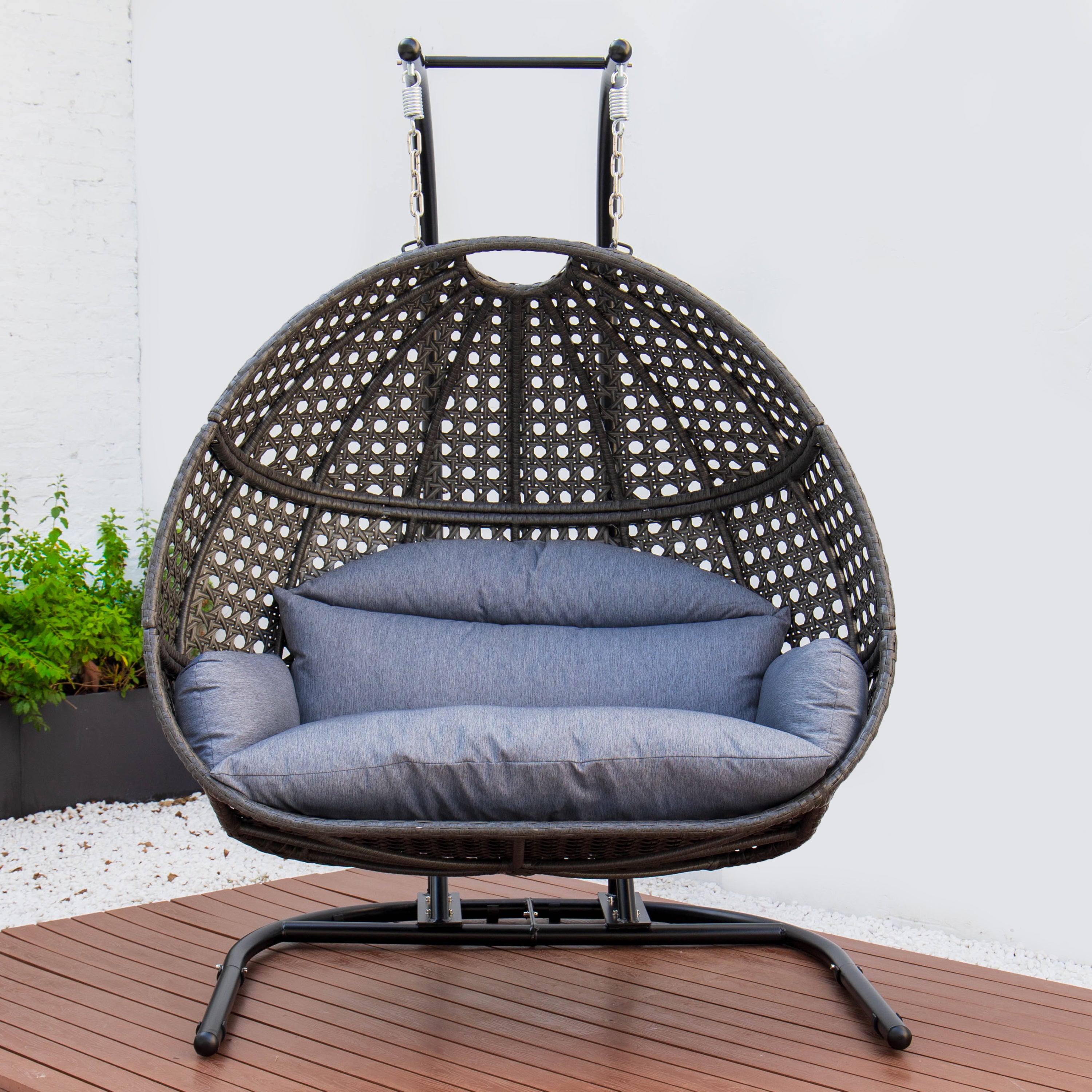 Outdoor Charcoal Wicker Hanging Double Seat Swing Chair with Stand & Dust Blue Cushion - Perfect for Patio, Garden, Backyard Relaxation