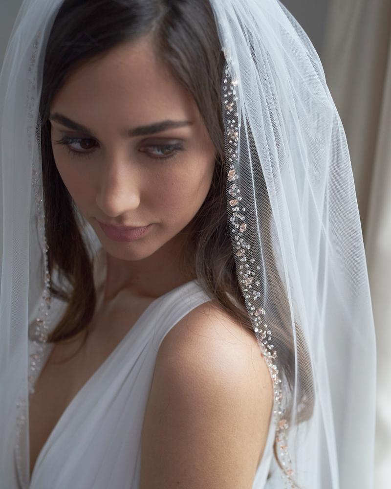Elegant Blush Pink Beaded Wedding Veil with Pearl Accents - Perfect for Bridal Ceremonies, Photos & Special Occasions