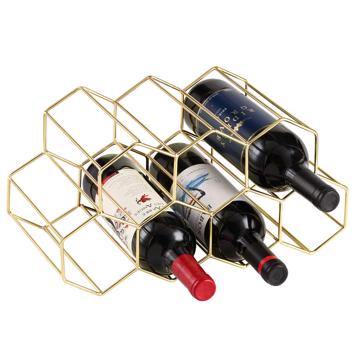 Buruis 9-Bottle Countertop Wine Rack - Honeycomb Metal Wine Holder & Organizer for Red & White Wines - Gold Kitchen Bar Essential for Home, Restaurant & Party Serving