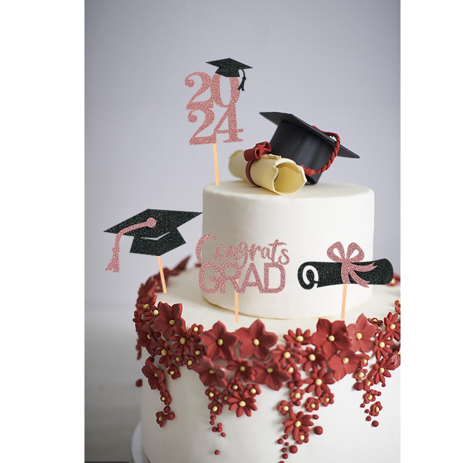 24Pcs Rose Gold Graduation Cupcake Toppers - Class of 2025 Cake Decorations, Food Picks for Graduation Party, School Ceremony & Celebration Supplies - Perfect for Graduation Cakes, Cupcakes & Dessert Displays