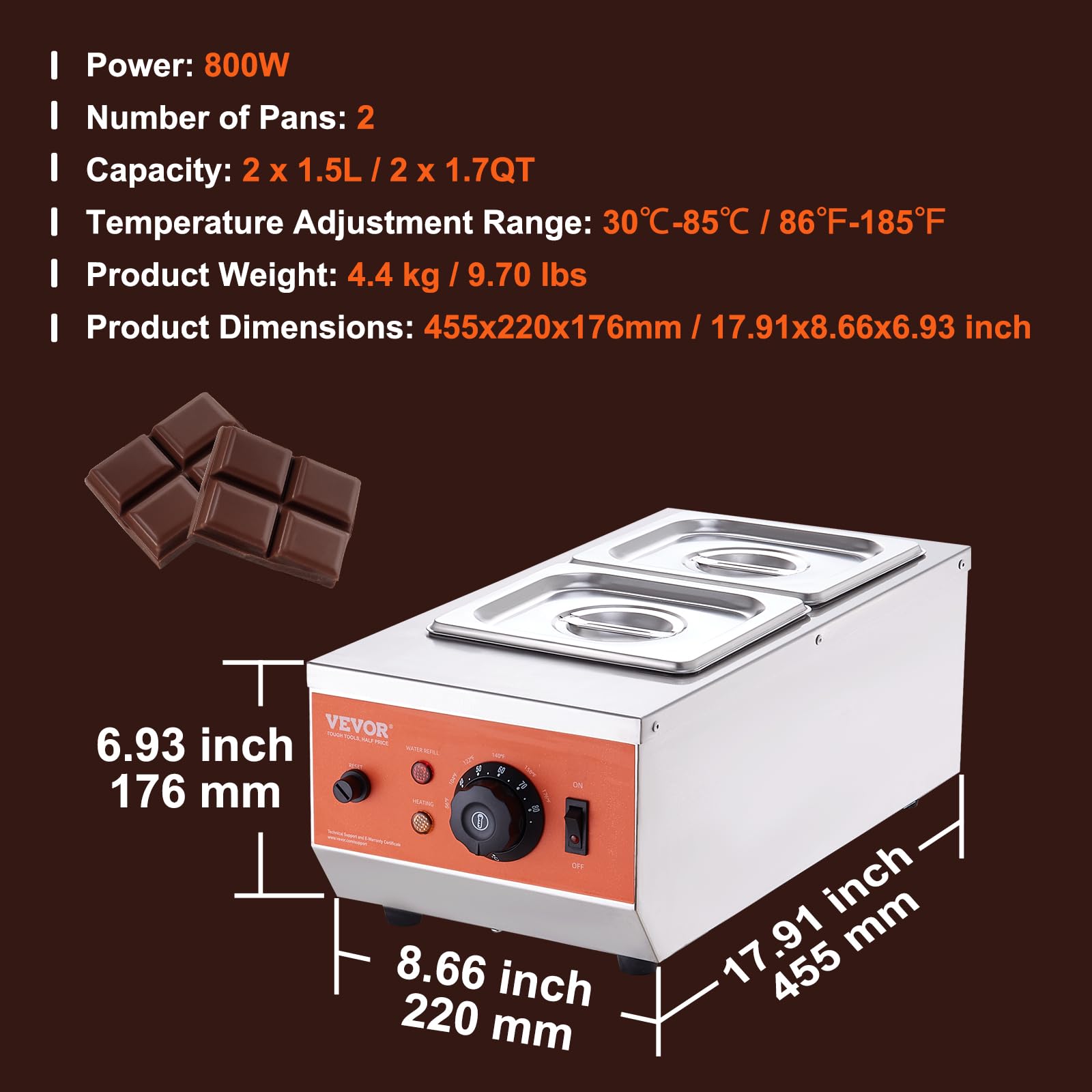 VEVOR Commercial Chocolate Tempering Machine - 9 Lbs Capacity, Dual Tank Electric Chocolate Melter with Precise Temperature Control (86-185°F), 800W Stainless Steel Food Warmer for Melting Chocolate, Milk & Cream - Perfect for Candy Shops, Bakeries & Home Chocolate Making