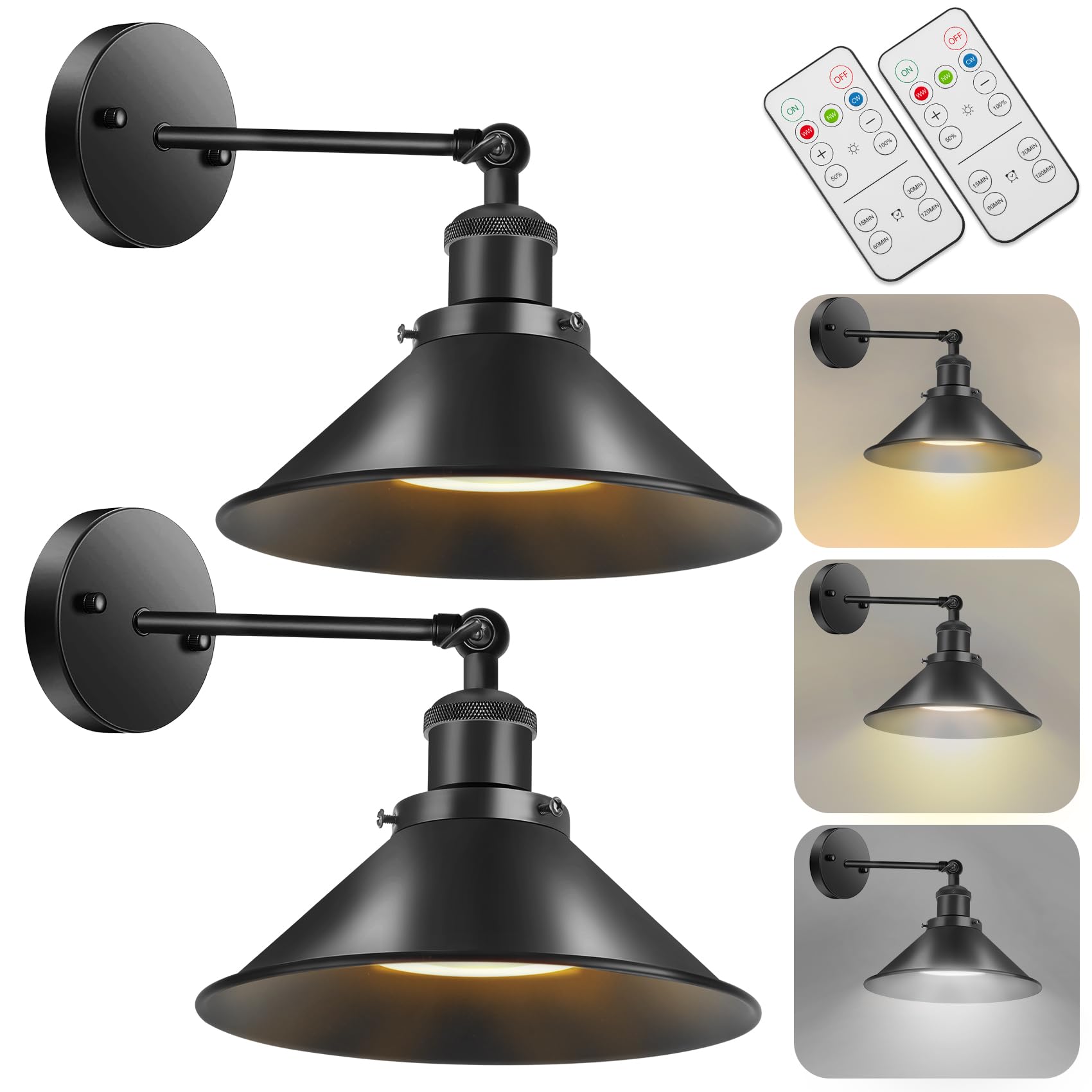 Battery Operated Wall Sconce Set of 2 - Black Wireless Wall Lights with Remote Control, Dimmable Vintage LED Wall Lamps for Bedroom, Farmhouse, Gallery - Perfect for Bedside Lighting, Hallway Decor & Cozy Ambiance