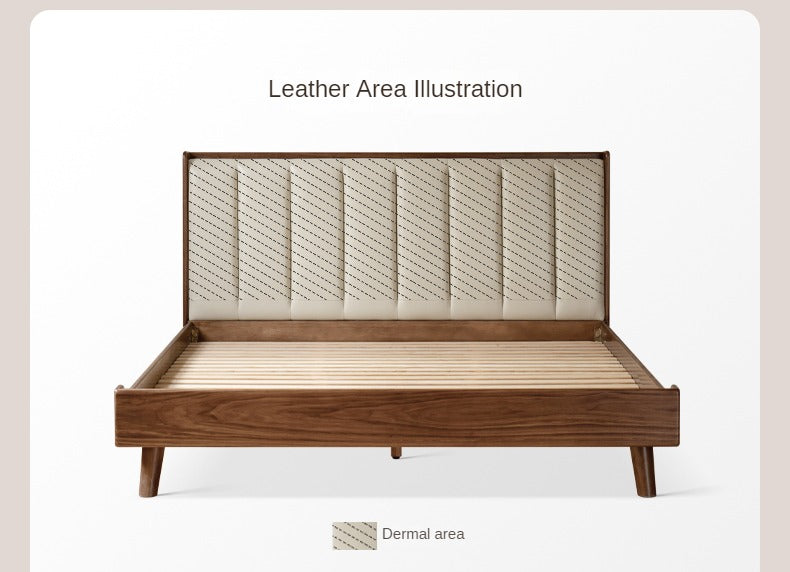 Premium Black Walnut Solid Wood Leather Upholstered Bed Frame with High Soft Back - Modern Bedroom Furniture for Master Suite, Guest Room & Luxury Apartments
