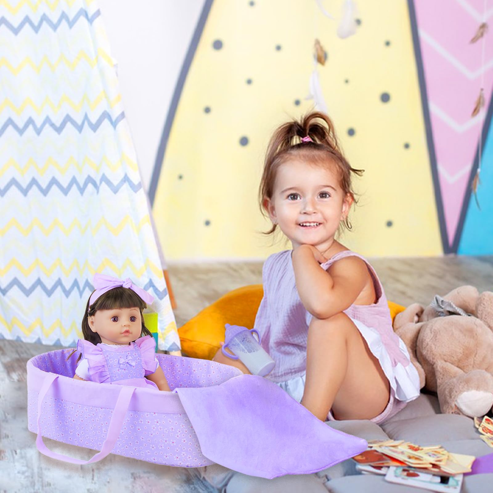 11-Piece Purple Floral Baby Doll Clothes Set with Bassinet & Accessories for 16-18 Inch Reborn Dolls | Perfect for Dress-Up, Role Play & Gift Giving