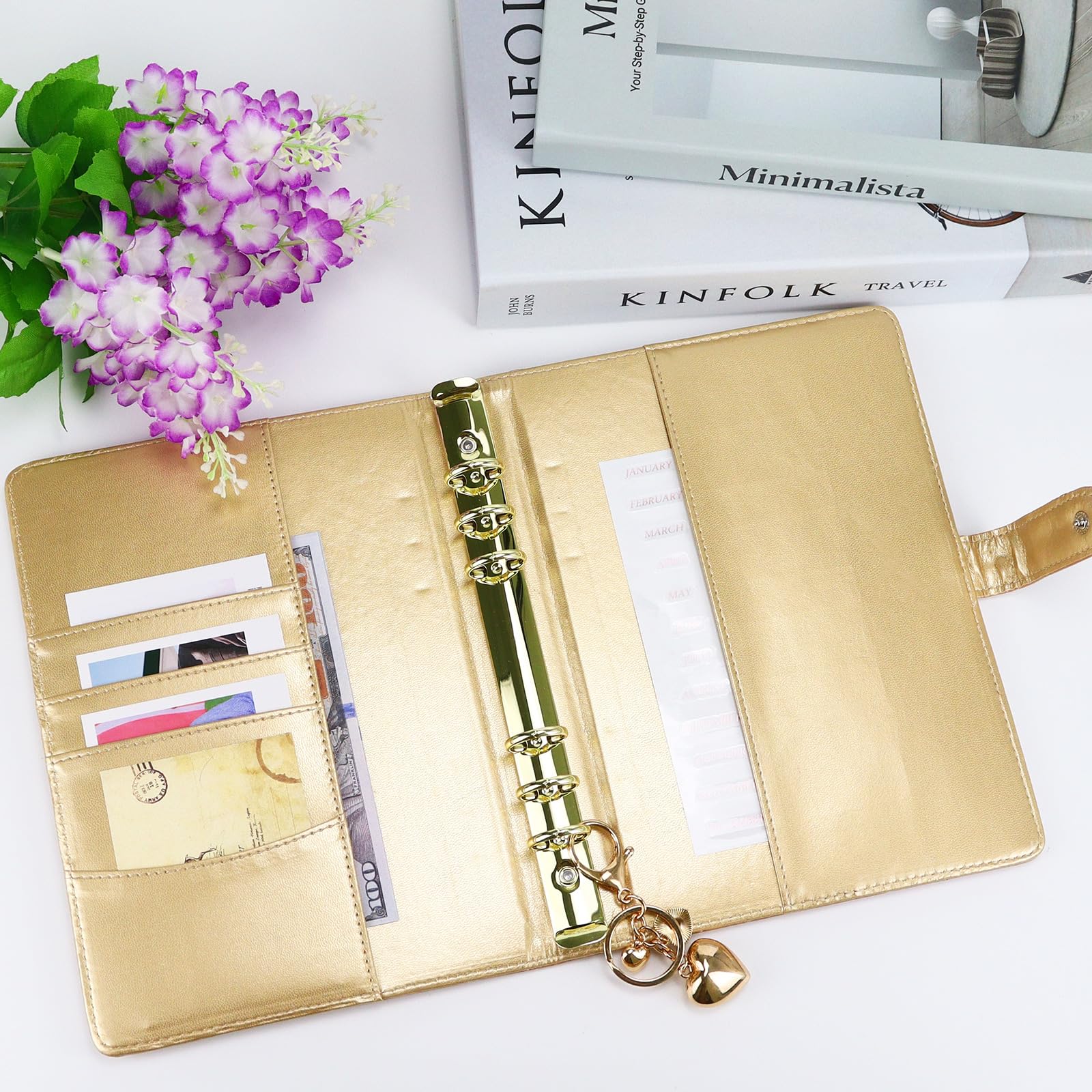 Premium A5 PU Leather Notebook Binder with 6-Ring Cotton Padding, Magnetic Buckle Closure & Gold Keychain - Refillable Planner for Budgeting, Journaling & Office Organization (Gold, A5 Size) - Perfect for Work, School & Personal Planning