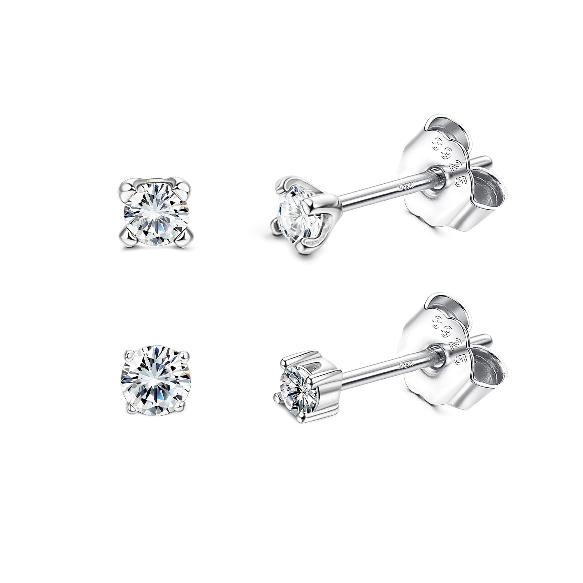 2 Pairs 925 Sterling Silver Tiny Stud Earrings for Women & Men - 3mm Round Ball CZ Earrings Set, Austria Cubic Zirconia, Anniversary Gift - Perfect for Daily Wear, Office & Special Occasions
