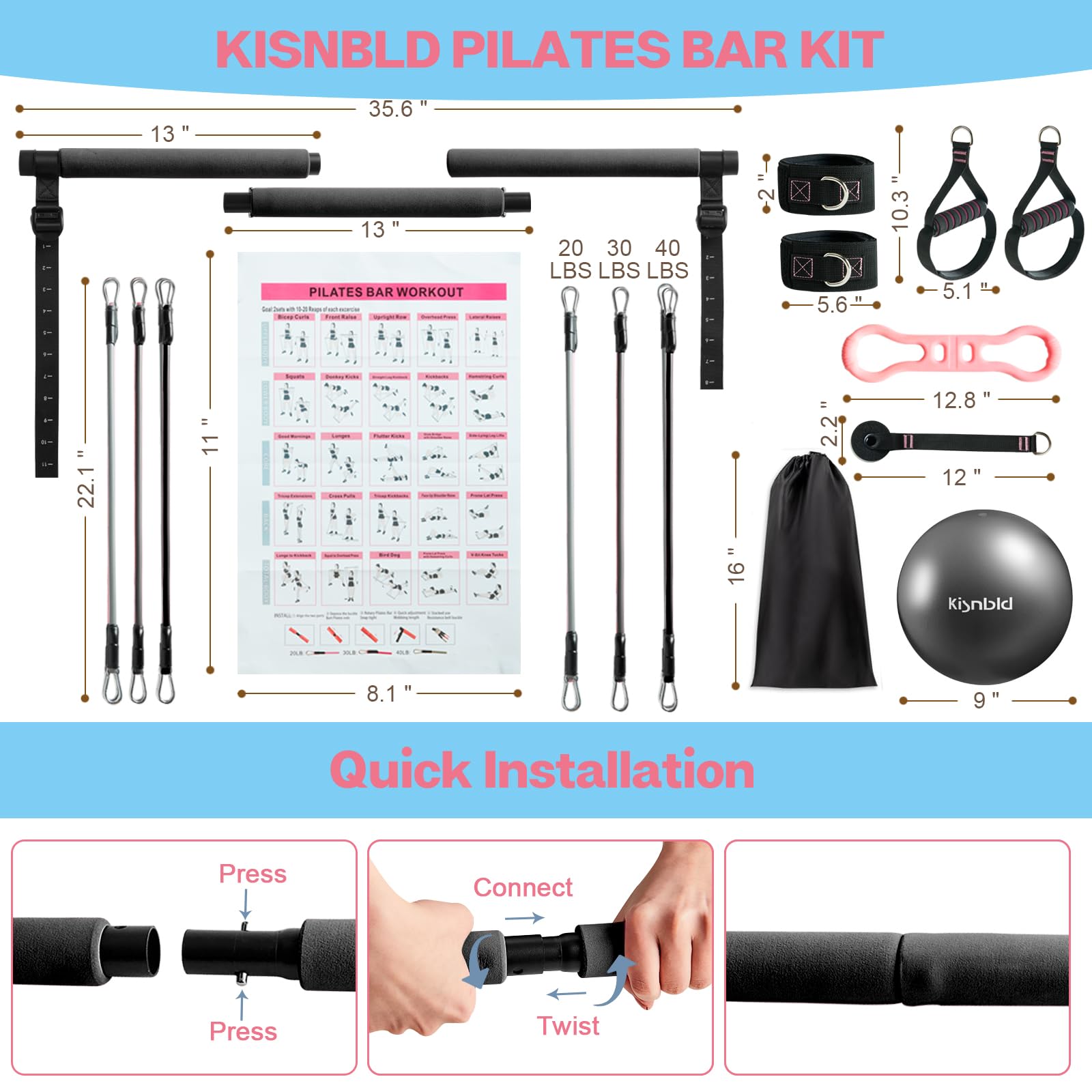 Premium Pilates Bar Kit with 5 Resistance Bands - Adjustable Home Workout Equipment for Women | Yoga, Stretching & Strength Training | Portable Gym Accessories for Home, Office & Travel